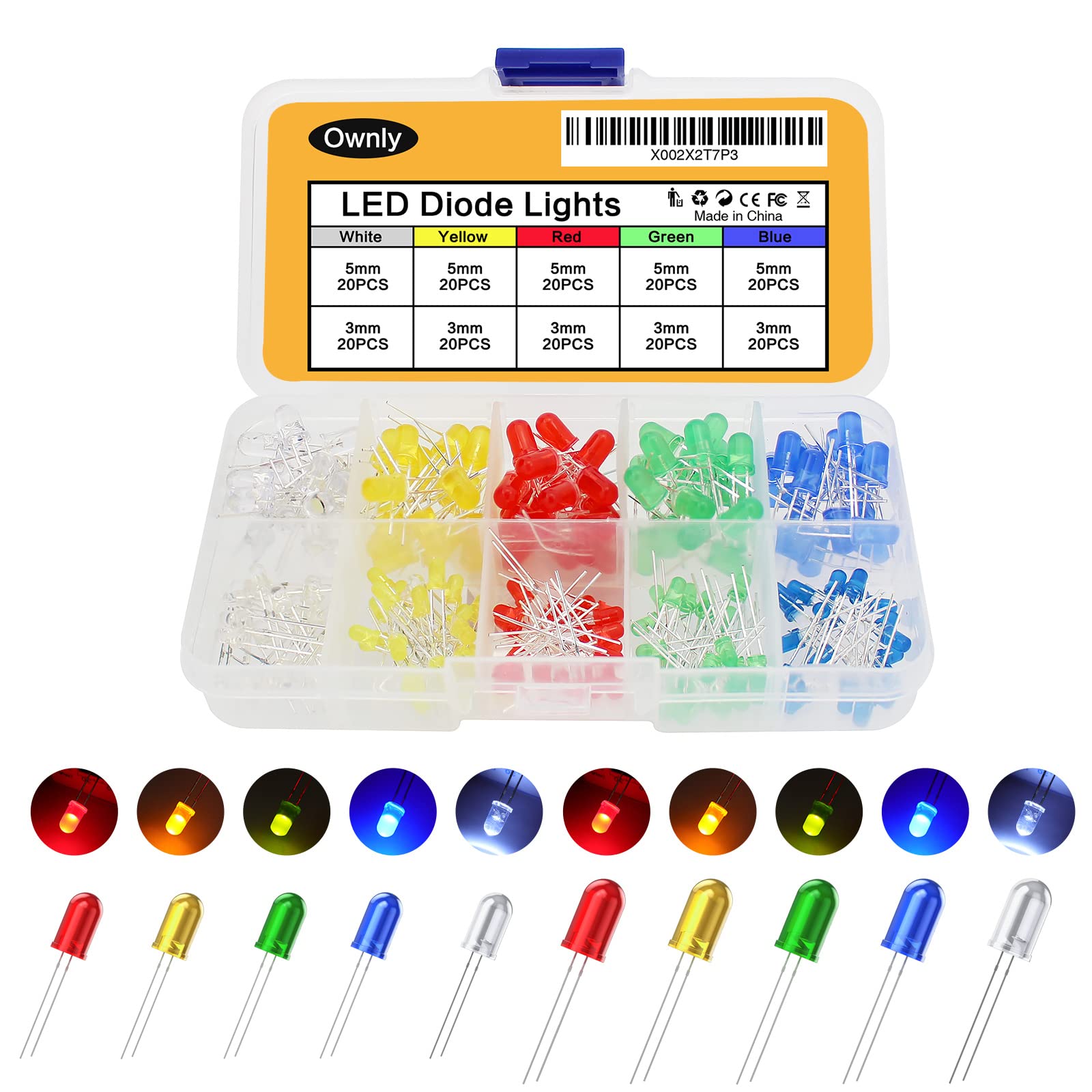 WOWOONE 200Pcs 3mm and 5mm Led Light Emitting Diodes Assortment Kit, Mini Tiny Small Individual Led Single Light, Clear White Red Green Blue Yellow Assorted