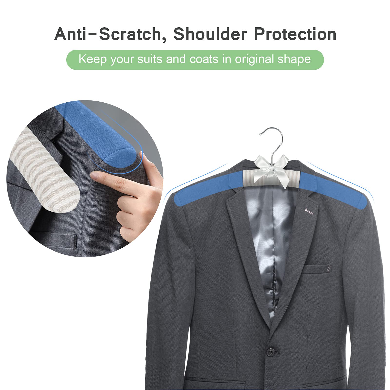 GLCON Padded Hangers for Women Clothing Men Sweaters, GLCON 17 Inches Satin Coat Hangers No Bump Fabric Foam Wood Cover, Anti-Slip Thick Clothes Hanger for - View 3 of 8