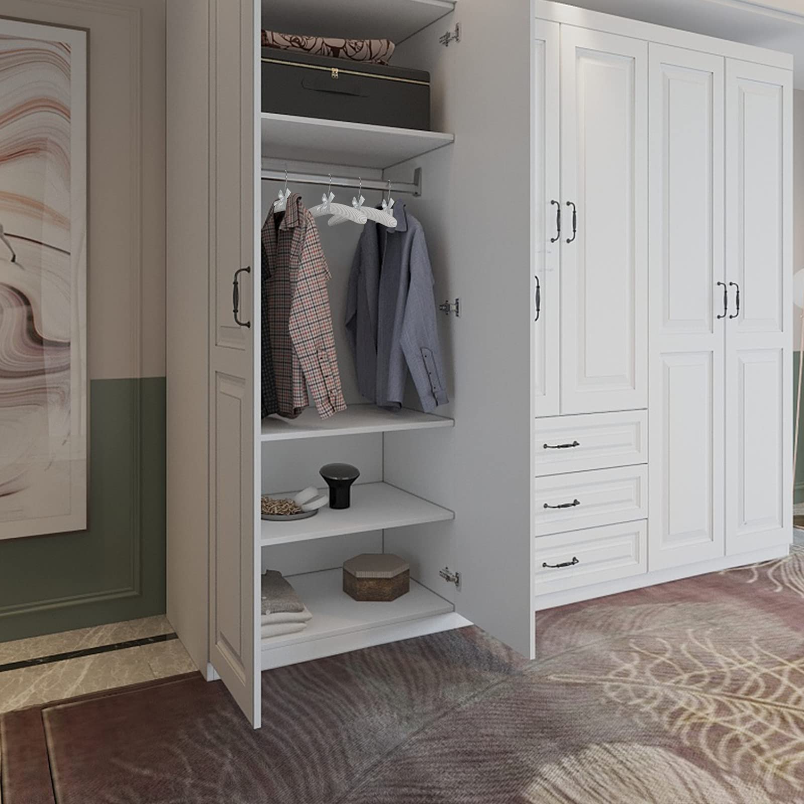 GLCON Padded Hangers for Women Clothing Men Sweaters, GLCON 17 Inches Satin Coat Hangers No Bump Fabric Foam Wood Cover, Anti-Slip Thick Clothes Hanger for - View 6 of 8