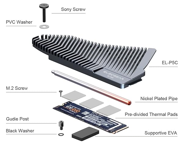 ElecGear ElecGear PS5 NVMe SSD Heatsink Solid Aluminum Cooler for Playstation 5 Internal PCIe M.2 NVMe 4.0 Gaming Memory with Thermal Pads - View 6 of 9