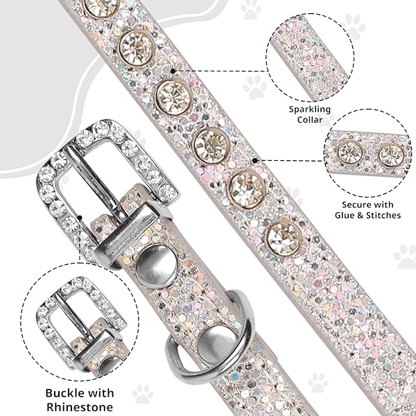 HOWWFALY HOWWFALY Pet Bling Rhinestone Collar for Cats and Dogs Adjustable PU Leather Small Silver - View 4 of 7