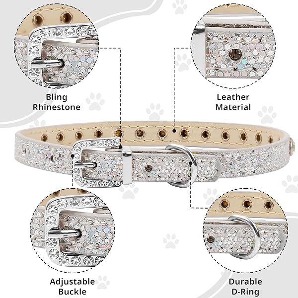 HOWWFALY HOWWFALY Pet Bling Rhinestone Collar for Cats and Dogs Adjustable PU Leather Small Silver - View 6 of 7