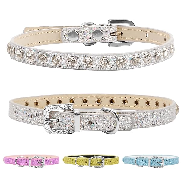 HOWWFALY HOWWFALY Pet Bling Rhinestone Collar for Cats and Dogs Adjustable PU Leather Small Silver