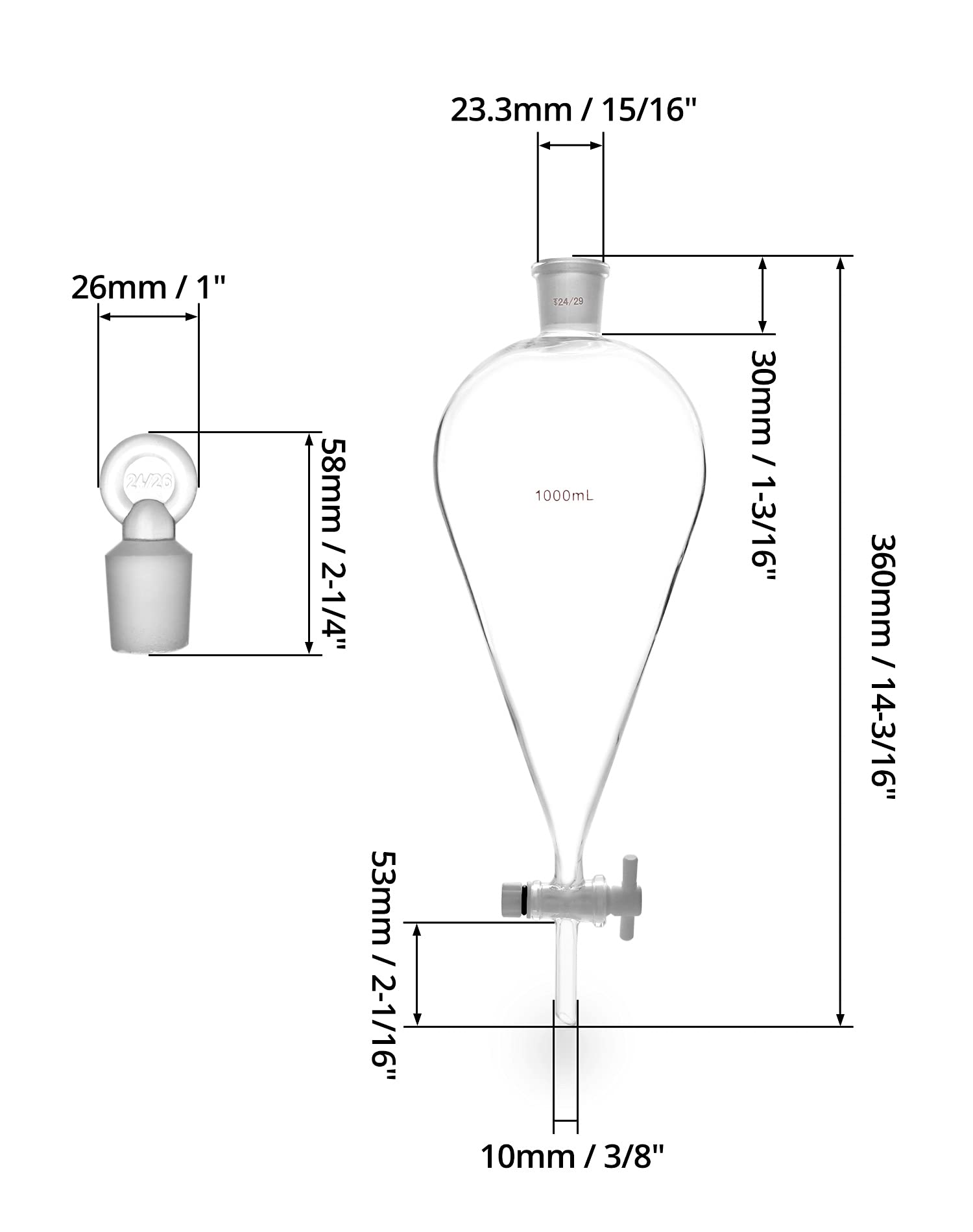 QWORK QWORK 1000ml Separating Funnel with 24 29 Joints and Stopcock - View 6 of 6