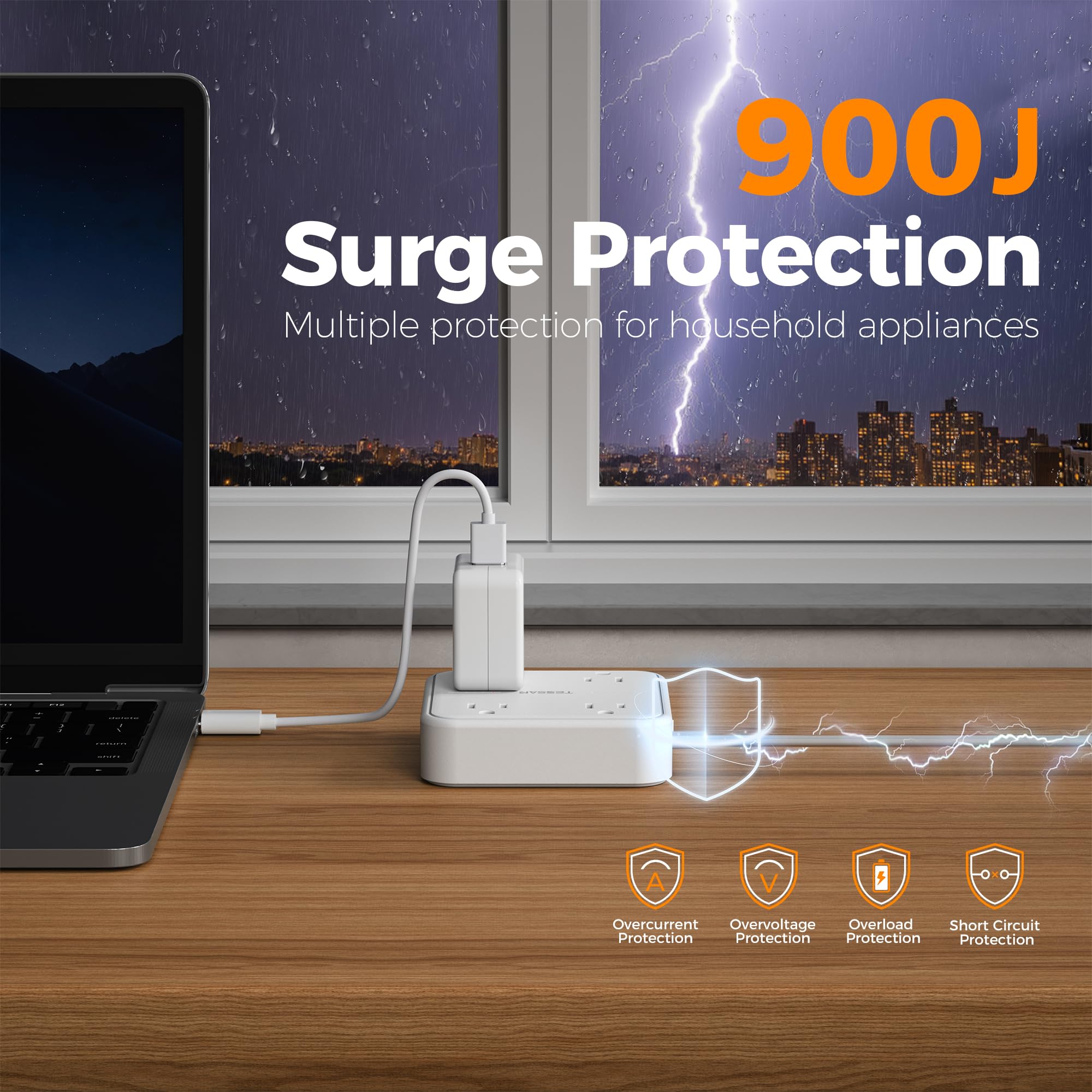 TESSAN Surge Protector Flat Extension Cord 15Ft, TESSAN Flat Plug Power Strip with 4 Outlets 3 USB Ports (1 USB C), 900 Joules Protection, Multiple Wall - View 2 of 8