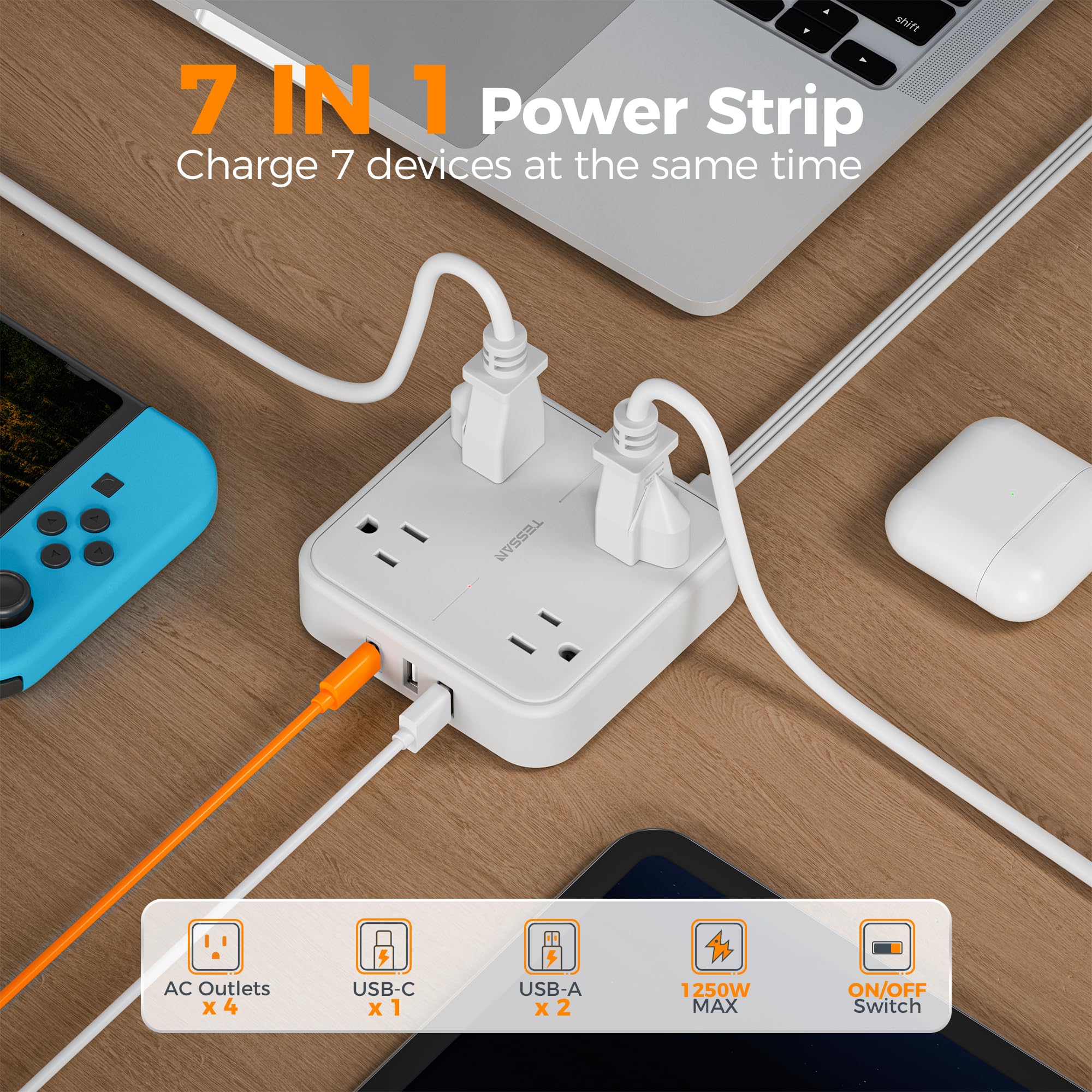 TESSAN Surge Protector Flat Extension Cord 15Ft, TESSAN Flat Plug Power Strip with 4 Outlets 3 USB Ports (1 USB C), 900 Joules Protection, Multiple Wall - View 3 of 8
