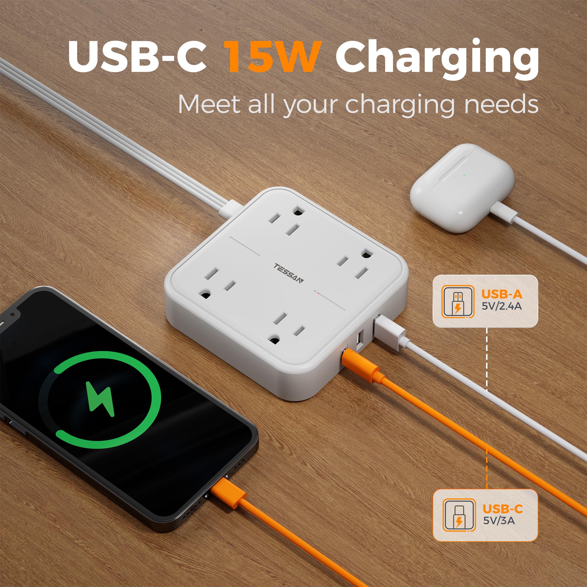 TESSAN Surge Protector Flat Extension Cord 15Ft, TESSAN Flat Plug Power Strip with 4 Outlets 3 USB Ports (1 USB C), 900 Joules Protection, Multiple Wall - View 4 of 8