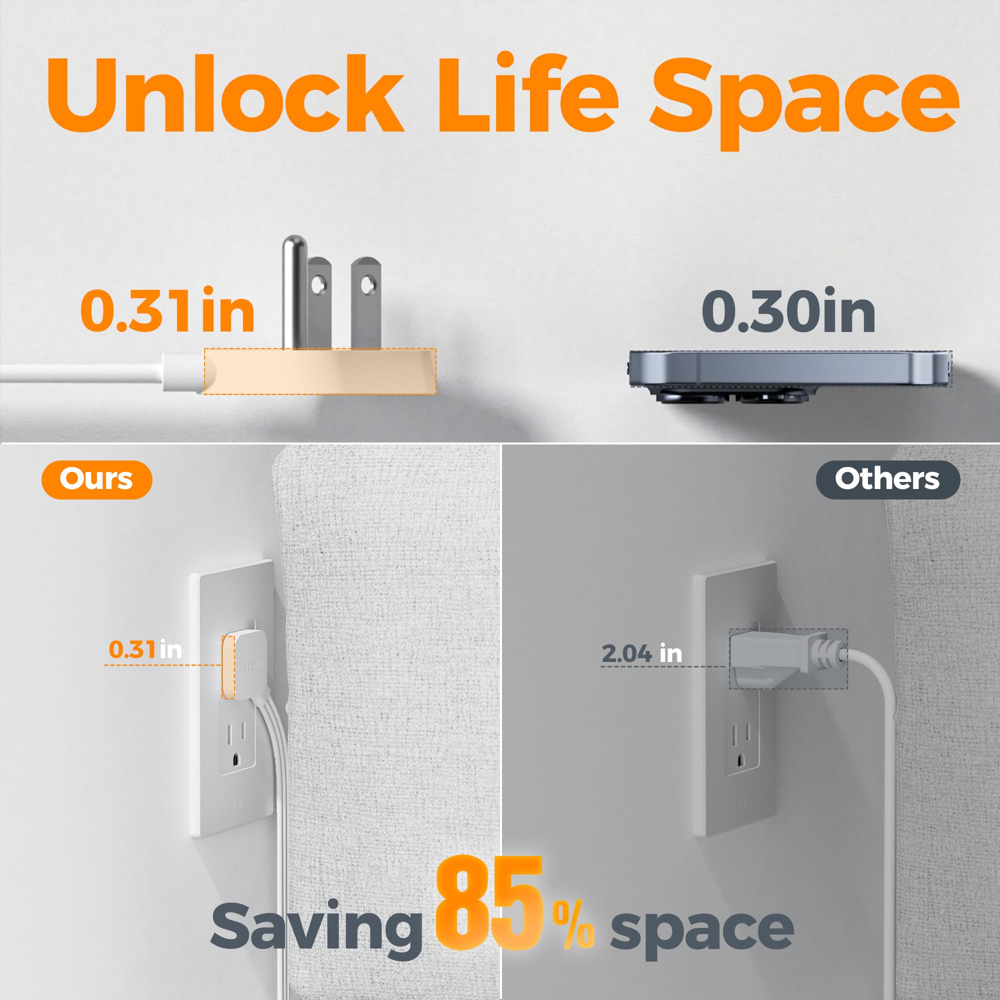 TESSAN Surge Protector Flat Extension Cord 15Ft, TESSAN Flat Plug Power Strip with 4 Outlets 3 USB Ports (1 USB C), 900 Joules Protection, Multiple Wall - View 6 of 8