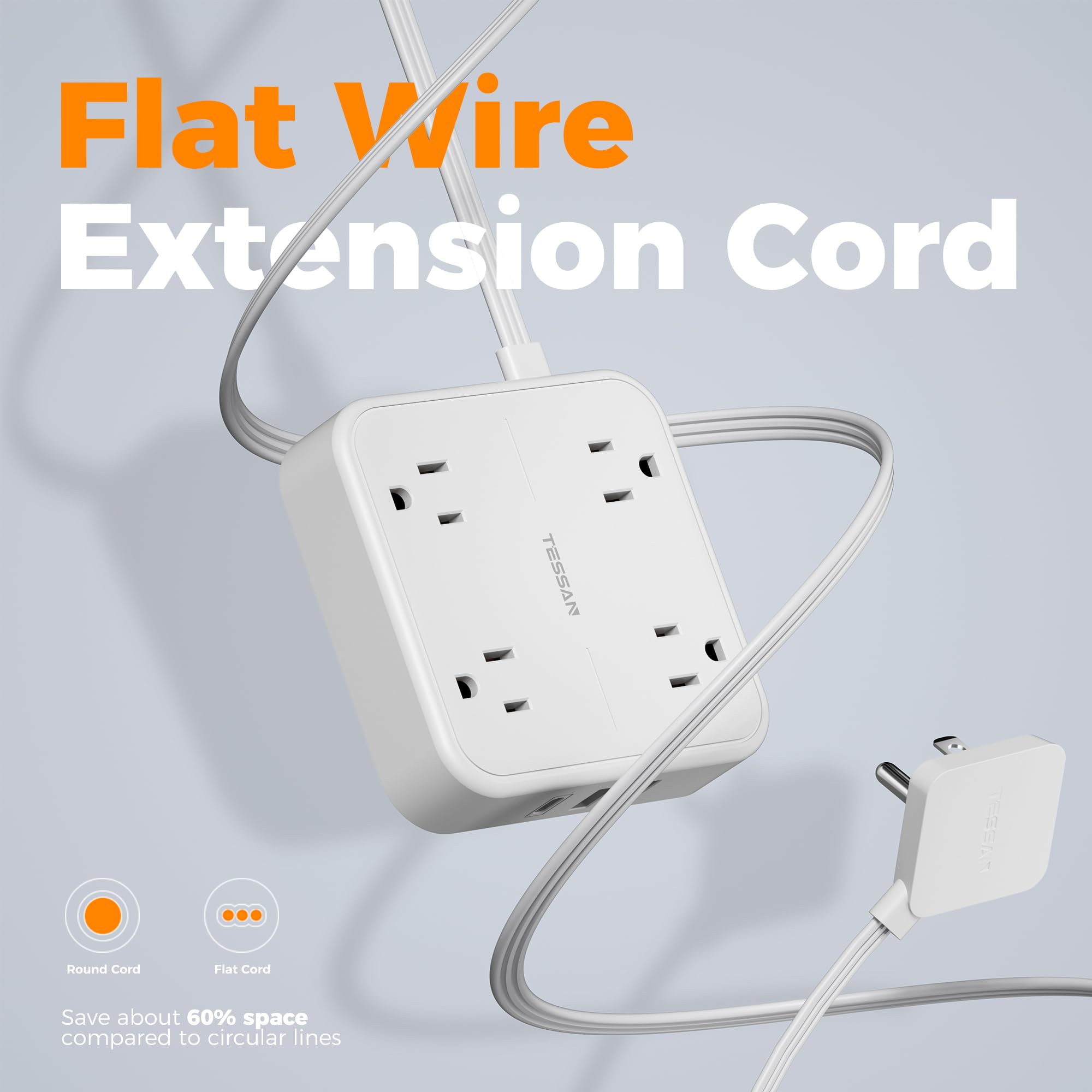 TESSAN Surge Protector Flat Extension Cord 15Ft, TESSAN Flat Plug Power Strip with 4 Outlets 3 USB Ports (1 USB C), 900 Joules Protection, Multiple Wall - View 7 of 8