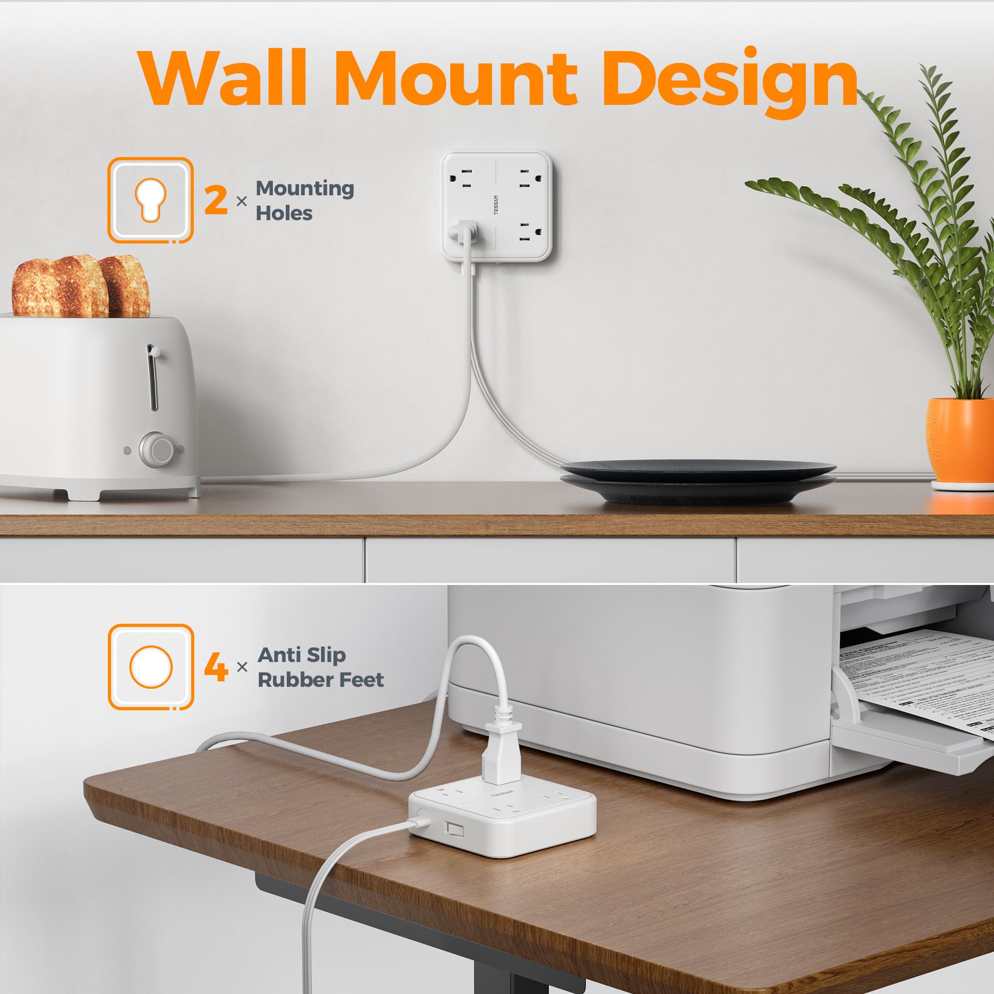 TESSAN Surge Protector Flat Extension Cord 15Ft, TESSAN Flat Plug Power Strip with 4 Outlets 3 USB Ports (1 USB C), 900 Joules Protection, Multiple Wall - View 8 of 8