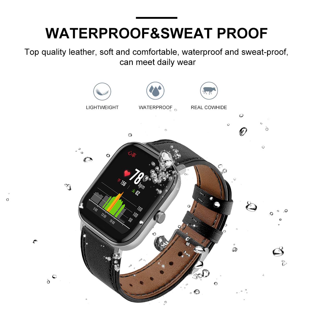 E ECSEM Floral Printed Leather Watch Strap for Letsfit EW1 IW1 Compatible Replacement Bands for Men and Women Black Fadeless Pattern - View 3 of 7