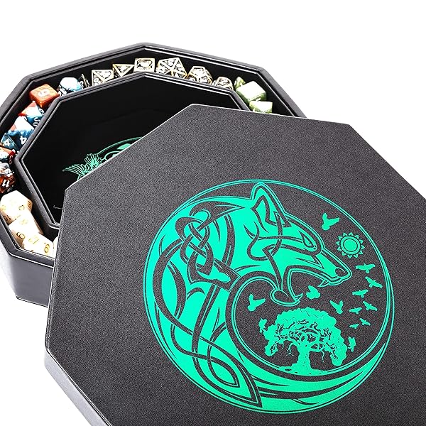 Soar Forge DND Dice Tray Premium 8 Inch Green World Tree Wolf Raven Design Perfect for Rolling and Storing Your Dungeons and Dragons Dice