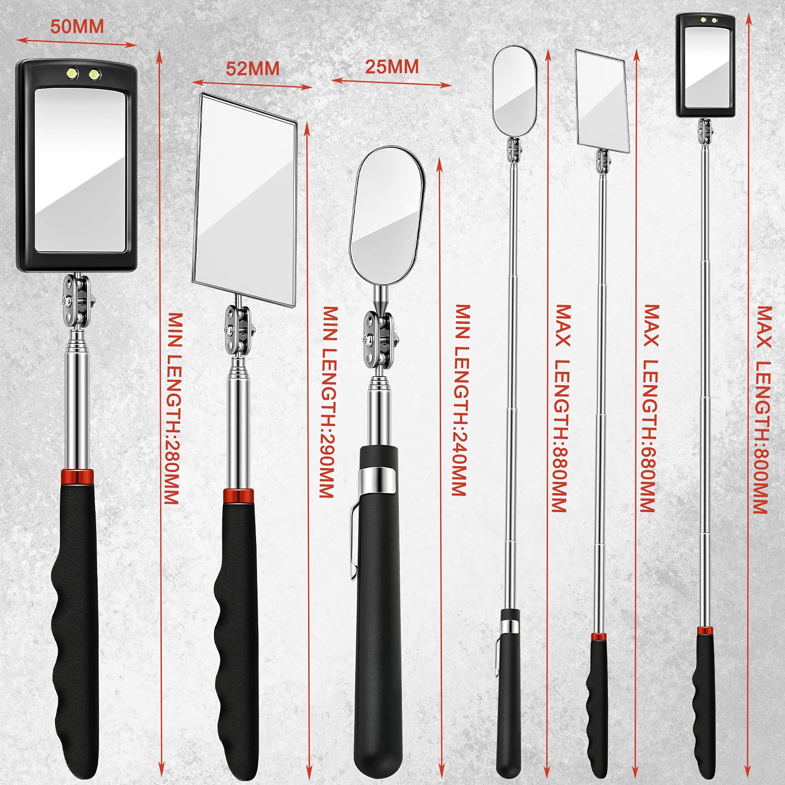 Blulu 3 Pieces Telescoping Inspection Mirror Round Square Mirror Inspection Tool for Checking Vehicle, Observing Eyelashes Mouth and Other Small - View 2 of 7