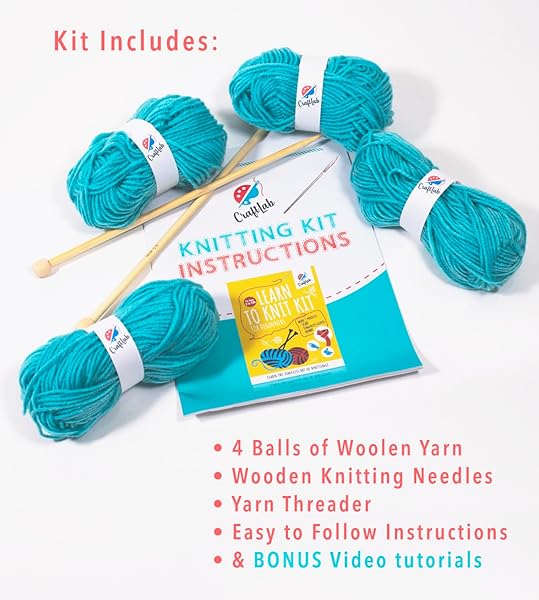 CraftLab CraftLab Knitting Kit for Beginners and Kids All Supplies Included Wool Yarn Needles Instructions Perfect Gift for Creative Fun - View 5 of 9