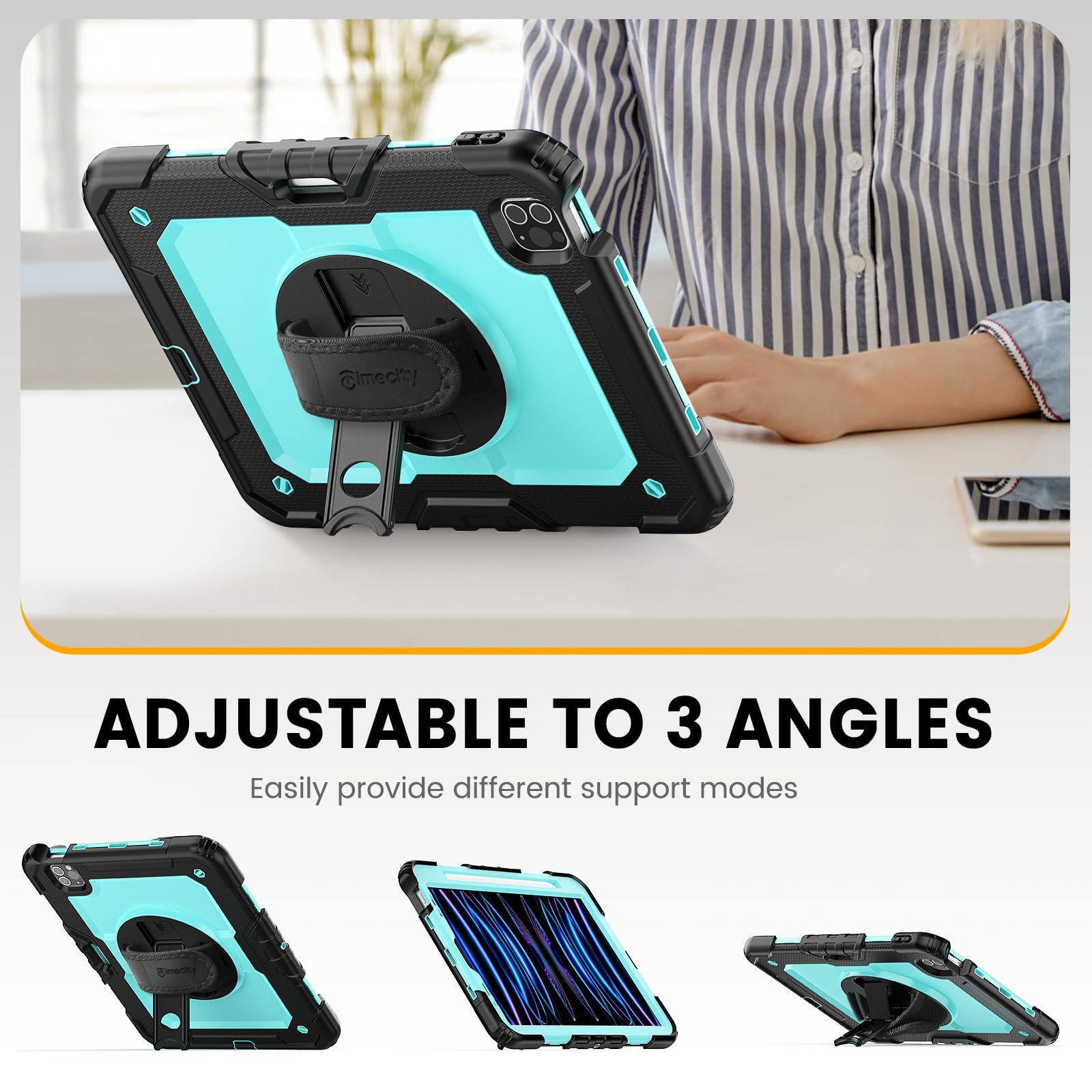 timecity Timecity Shockproof Case for iPad Pro 11 Inch 2022 2021 with Screen Protector Swivel Stand Handle Shoulder Strap Pencil Holder Light Blue - View 4 of 9