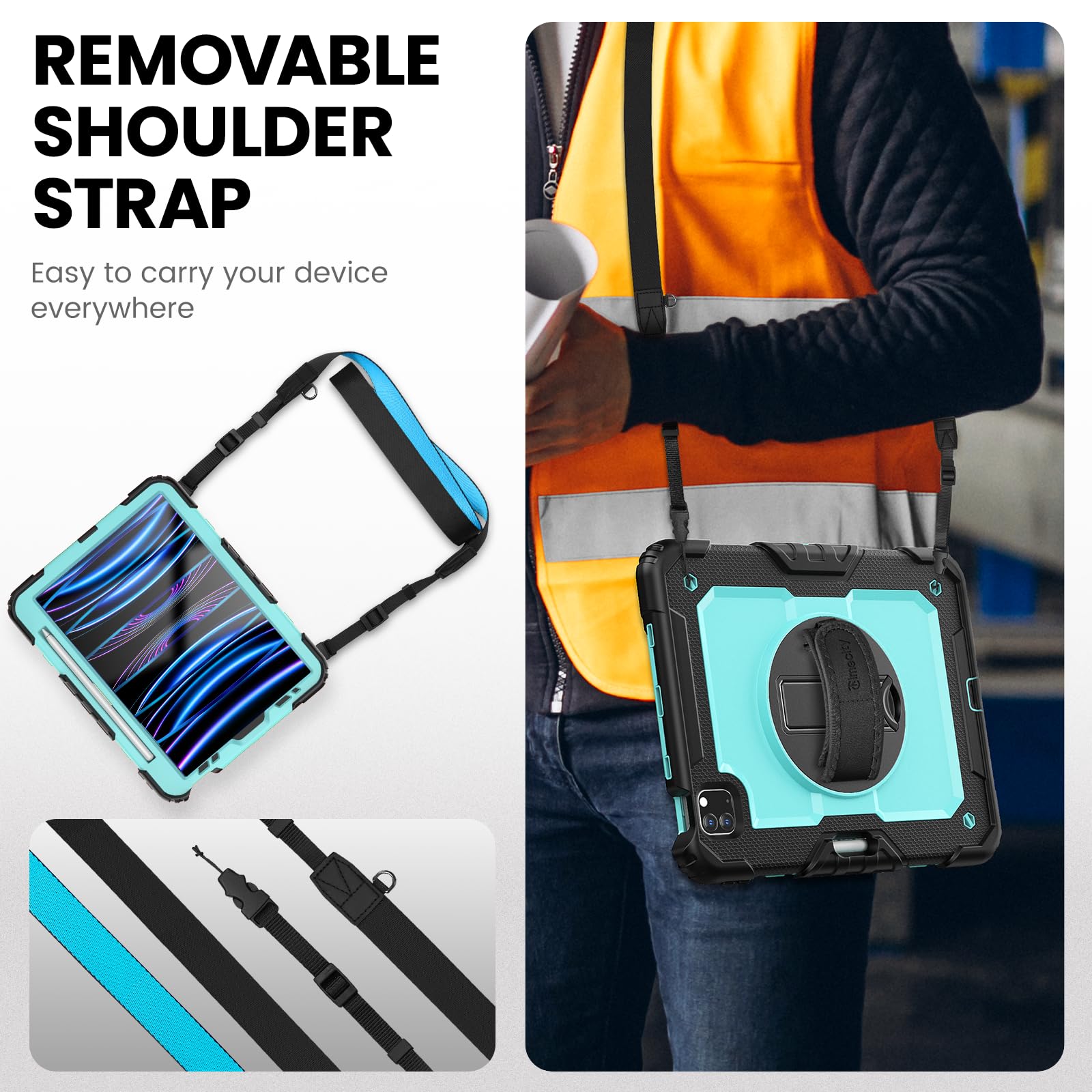 timecity Timecity Shockproof Case for iPad Pro 11 Inch 2022 2021 with Screen Protector Swivel Stand Handle Shoulder Strap Pencil Holder Light Blue - View 6 of 9