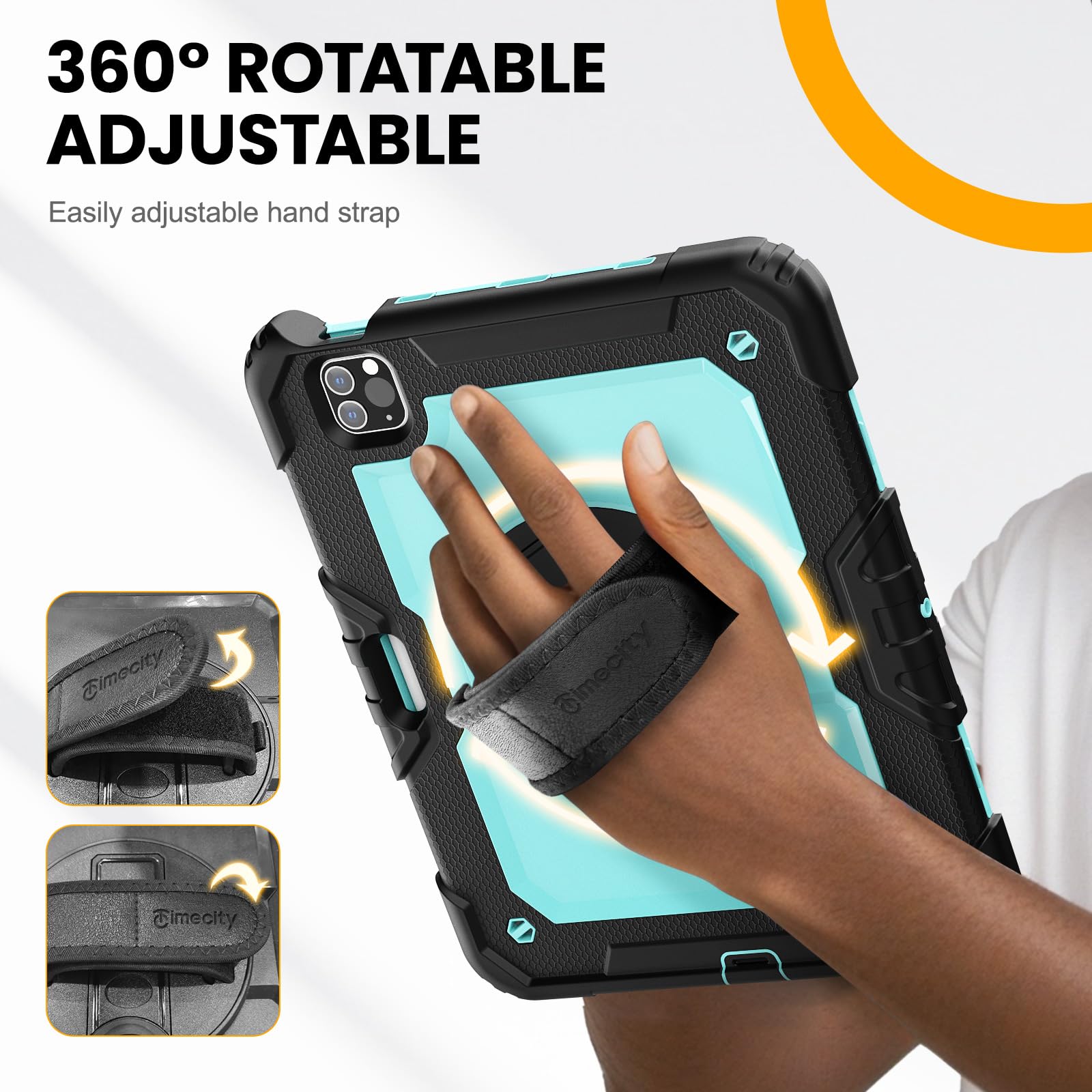 timecity Timecity Shockproof Case for iPad Pro 11 Inch 2022 2021 with Screen Protector Swivel Stand Handle Shoulder Strap Pencil Holder Light Blue - View 8 of 9