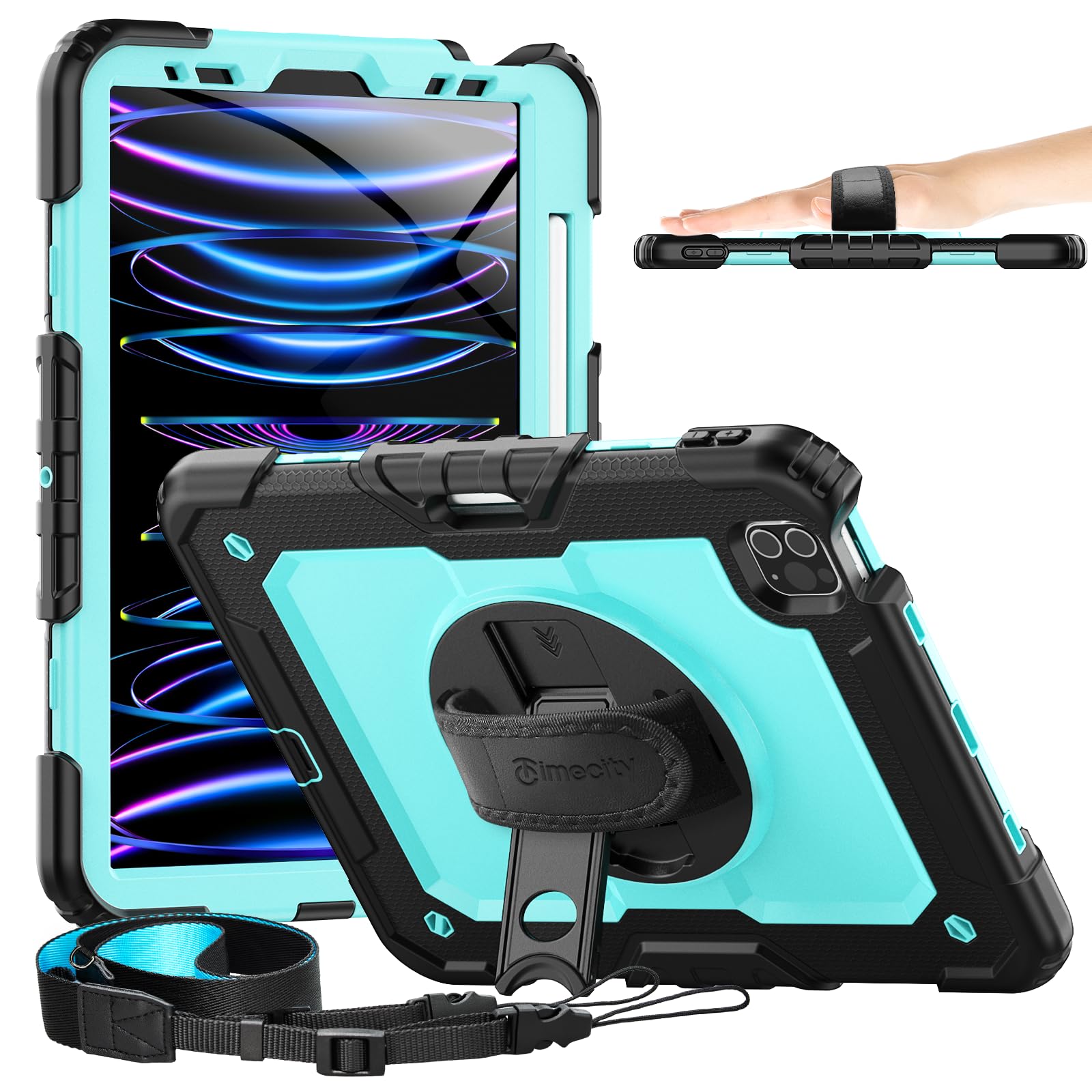 timecity Timecity Shockproof Case for iPad Pro 11 Inch 2022 2021 with Screen Protector Swivel Stand Handle Shoulder Strap Pencil Holder Light Blue
