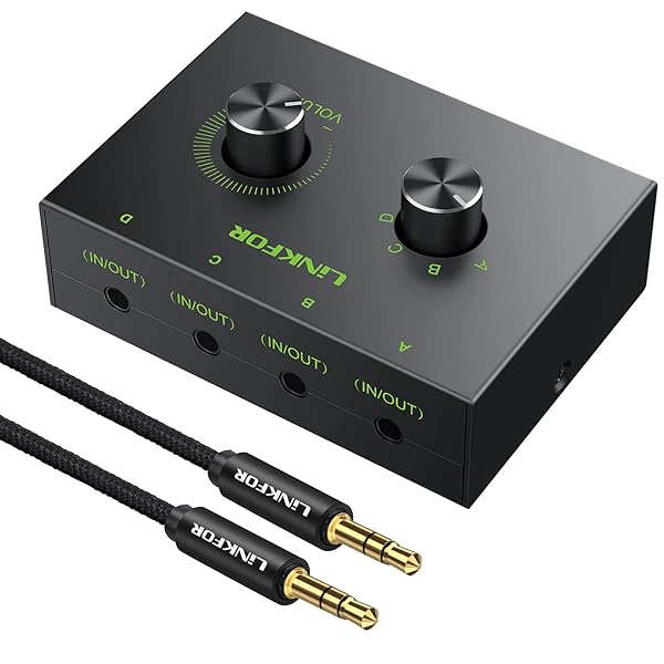 LiNKFOR 4 Port 3.5mm Stereo Audio Switch: 4 Way Selector with Volume Control & Channel Knob for Easy Audio Management