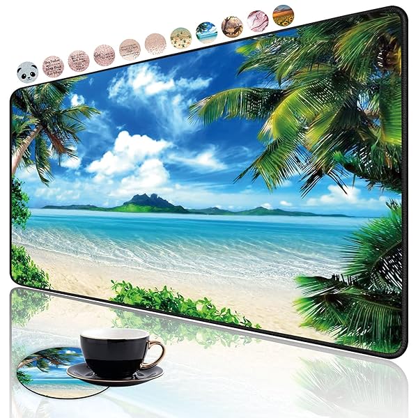 FDHHKJUKO Large Gaming Mouse Pad with Ocean Waves Design | Non-Slip Rubber Base & Cup Coaster for Office & Study