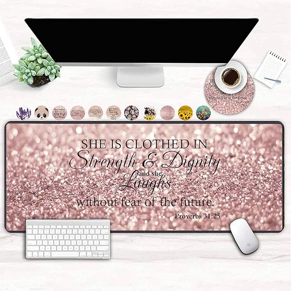 XXL Large Gaming Mouse Pad with Non-Slip Base & Cup Coaster - Ergonomic Pink Glitter Design Featuring Proverbs 31:25