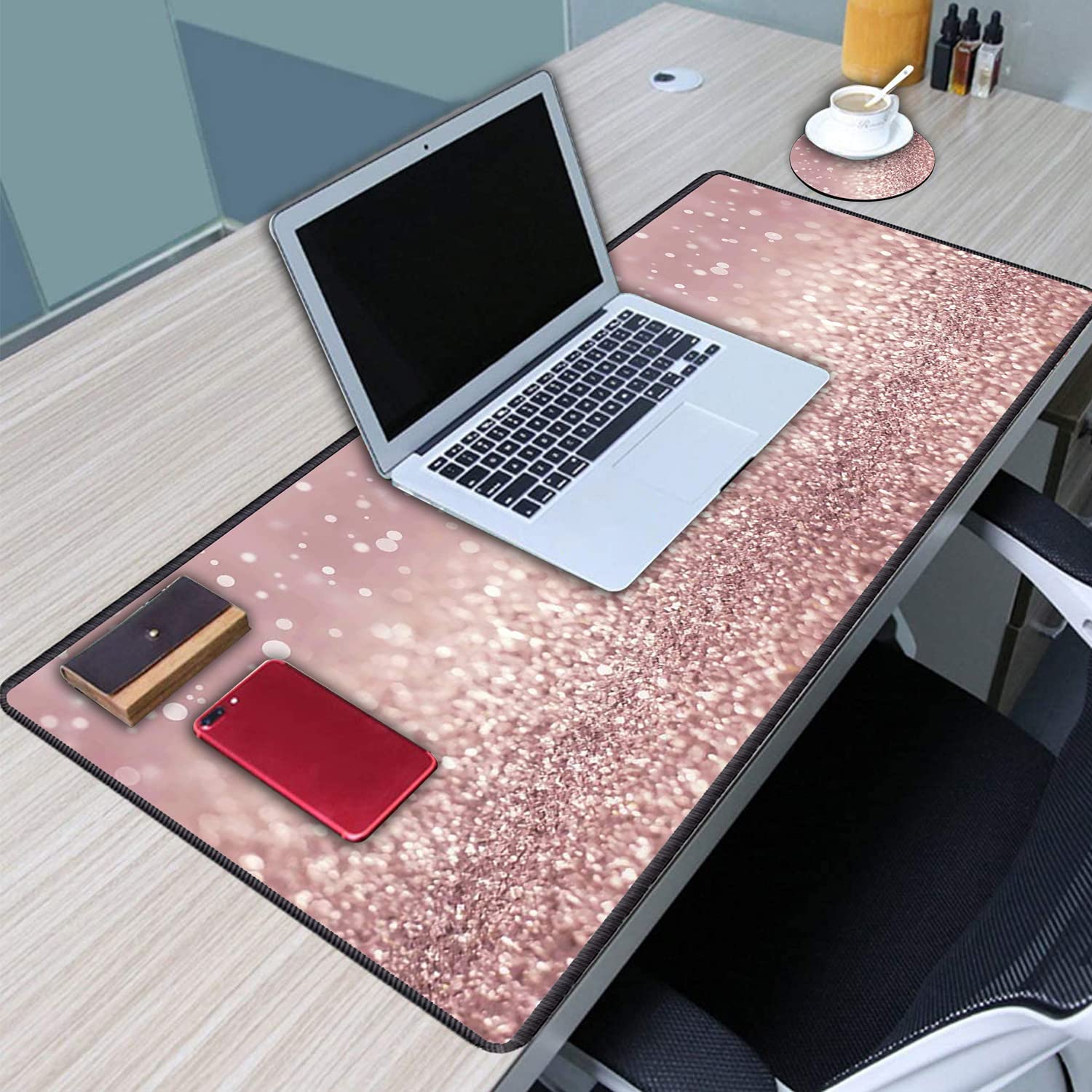 Yuxcfhjfe XXL Large Gaming Mouse Pad, Extended Ergonomic for Computers Thick Keyboard Mouse Mat Non-Slip Rubber Base Mousepad with Cup Coaster?Pink Glitter - View 3 of 8