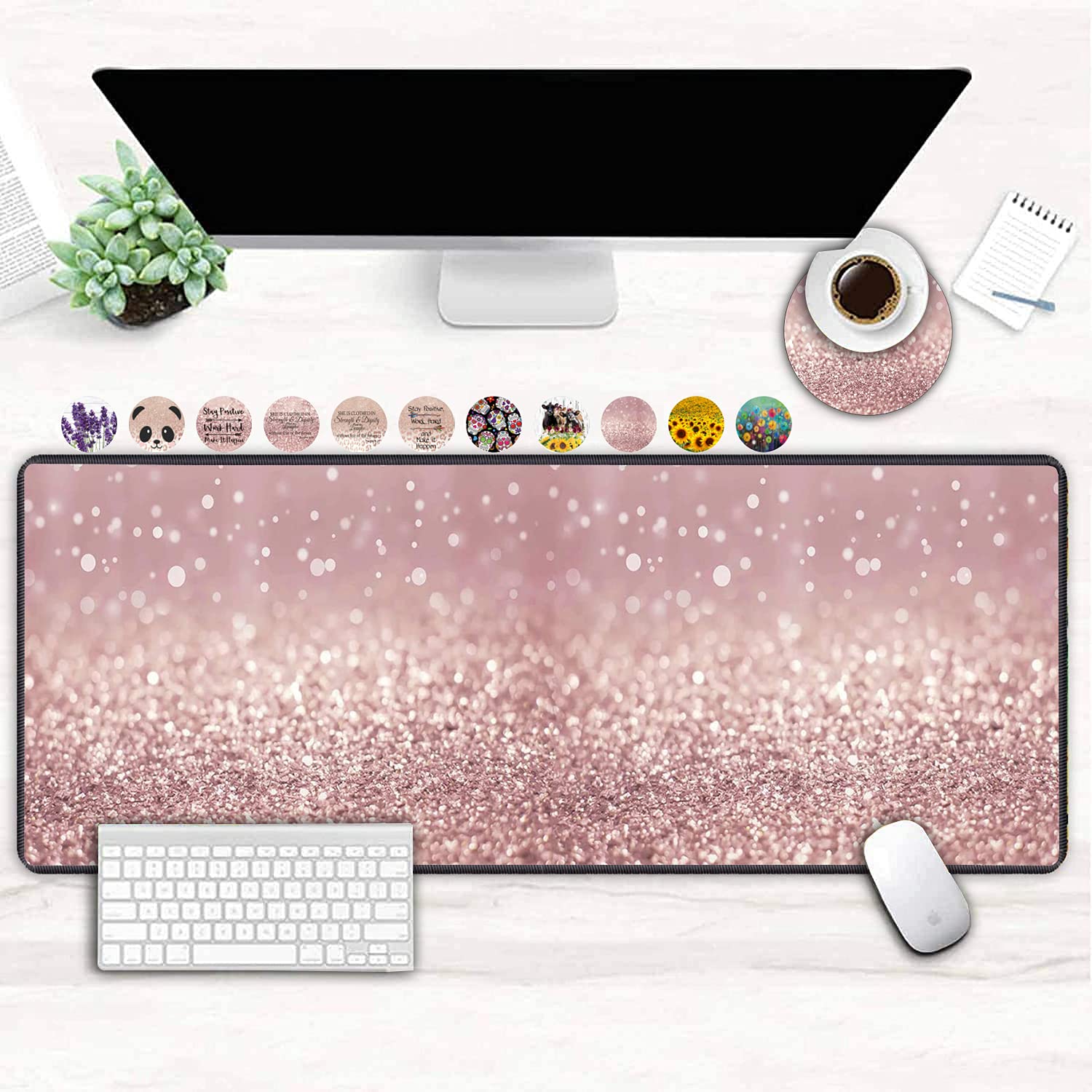 XXL Large Gaming Mouse Pad, Extended Ergonomic for Computers Thick Keyboard Mouse Mat Non-Slip Rubber Base Mousepad with Cup Coaster?Pink Glitter