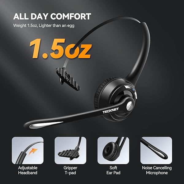 TECKNET TECKNET Bluetooth Headset: Wireless Noise Cancelling On-Ear Headphones for Truckers & Hands-Free Calls - View 6 of 9