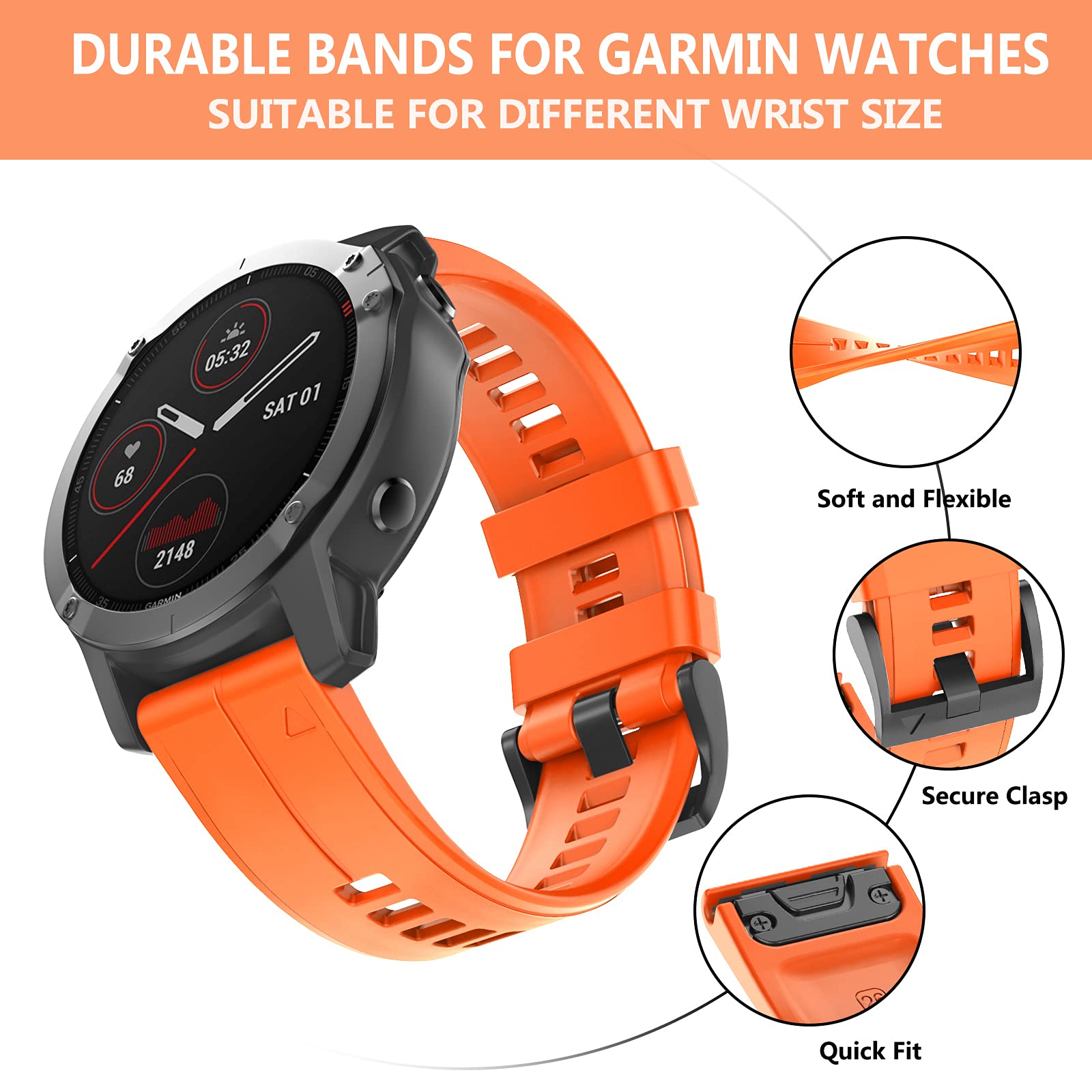OVERSTEP OVERSTEP Compatible with Garmin Fenix 5 Watch Band 22mm Soft Silicone Bands for Fenix 6 Fenix 7 Fenix 5 Plus Fenix 6 Pro Forerunner 935 Forerunner - View 4 of 7
