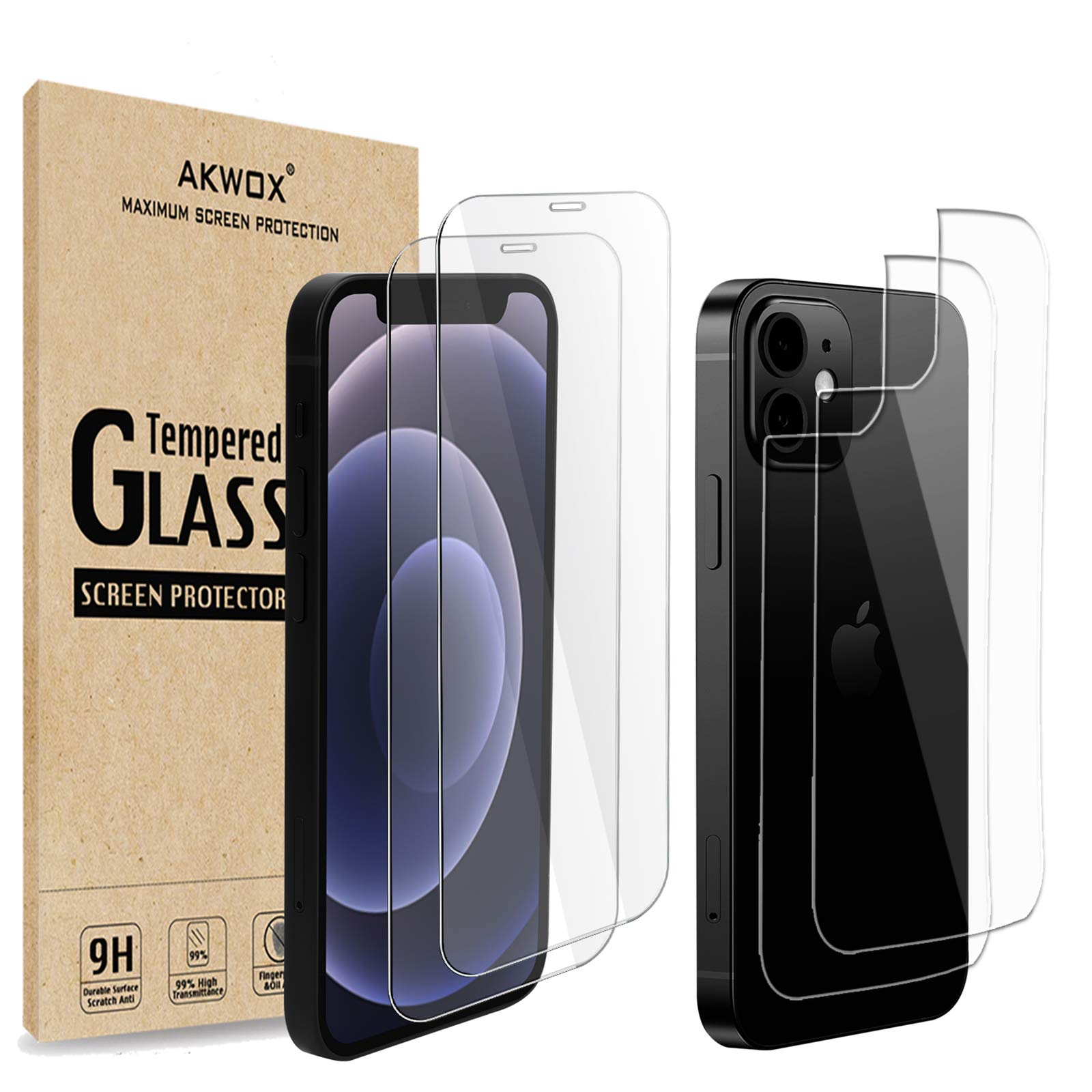 (4-Pack) Tempered Glass Screen Protectors for iPhone 12 Mini 5.4-inch with Back Covers, Akwox 9H Front Screen Protector and Back Screen Protector for