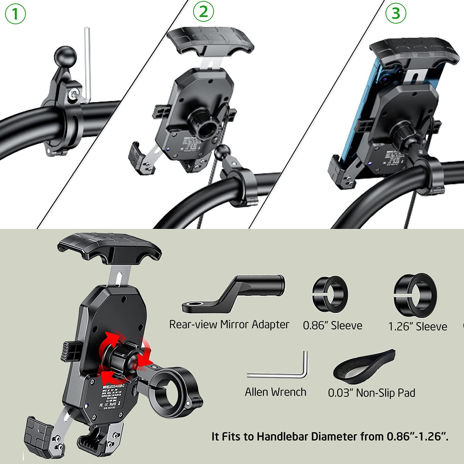 iMESTOU iMESTOU Motorcycle Wireless Phone Mount Charger -Motorcycle USB C 3.0 Phone Holder Qi 15W by Wiring Plugging to USB A Socket Aluminium Handlebar Base - View 4 of 7