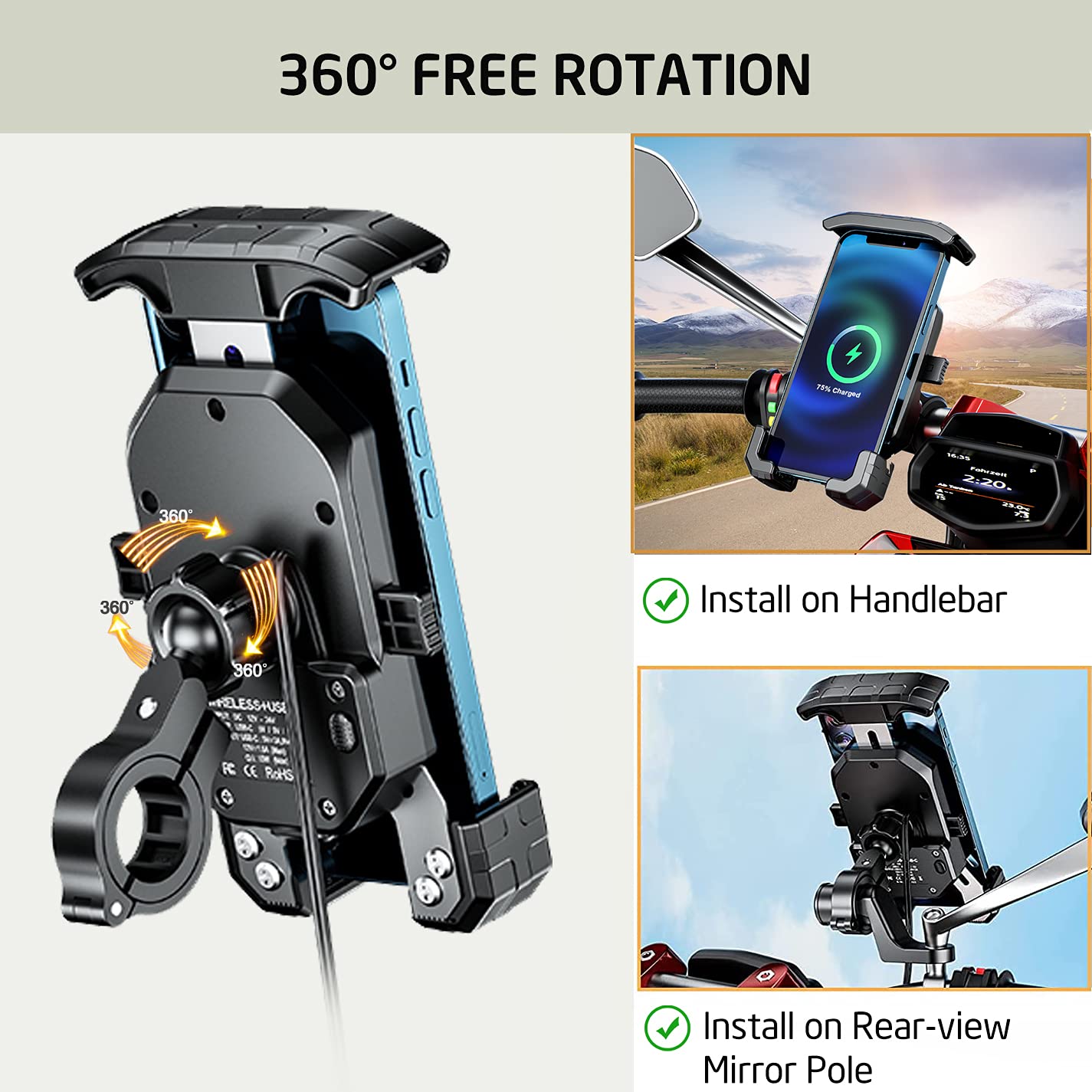 iMESTOU iMESTOU Motorcycle Wireless Phone Mount Charger -Motorcycle USB C 3.0 Phone Holder Qi 15W by Wiring Plugging to USB A Socket Aluminium Handlebar Base - View 6 of 7