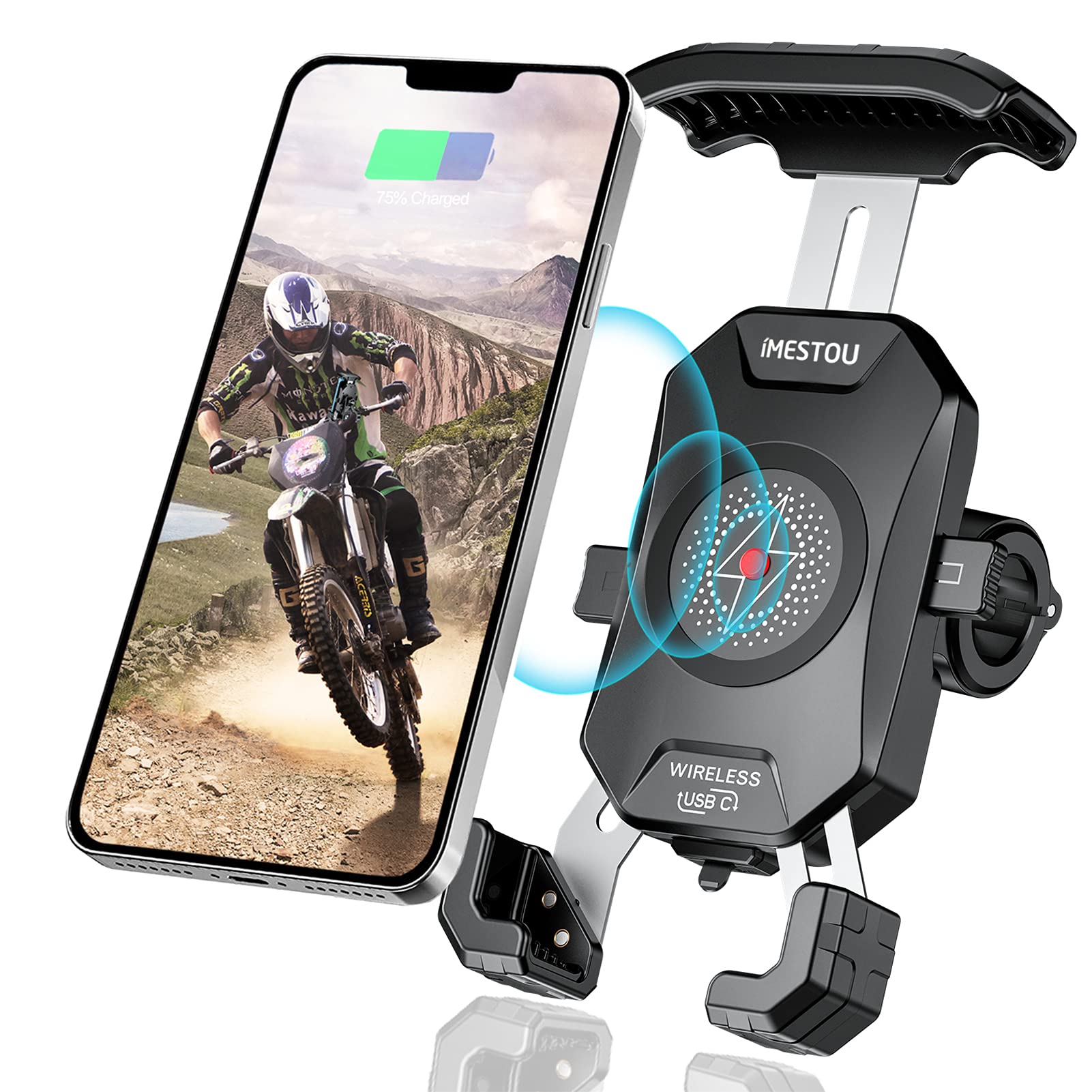 iMESTOU Motorcycle Wireless Phone Mount Charger -Motorcycle USB C 3.0 Phone Holder Qi 15W by Wiring Plugging to USB A Socket Aluminium Handlebar Base