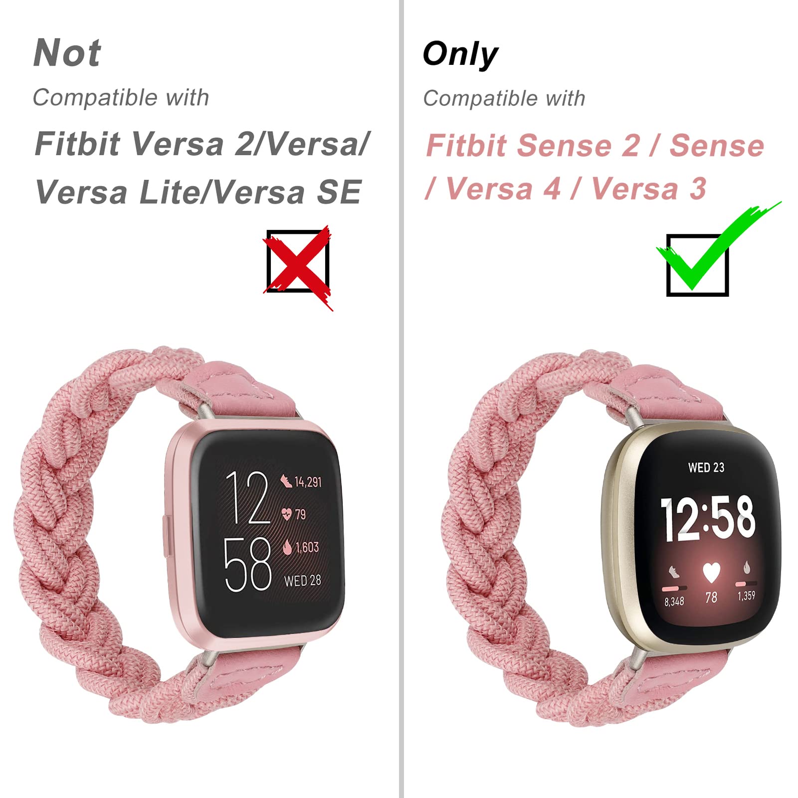 Wearlizer Wearlizer Elastic Band for Fitbit Sense 2 Versa 4 3 Women Slim Braided Strap Stretchy Woven Wristband Pink M - View 2 of 6
