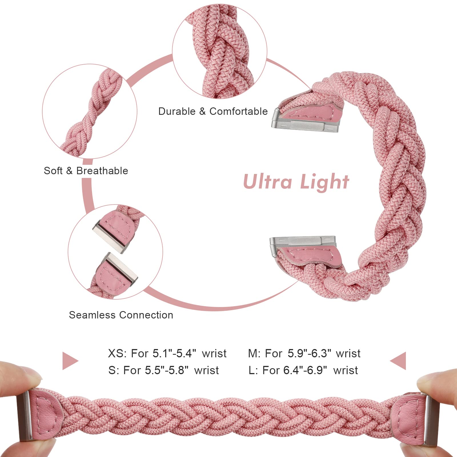 Wearlizer Wearlizer Elastic Band for Fitbit Sense 2 Versa 4 3 Women Slim Braided Strap Stretchy Woven Wristband Pink M - View 3 of 6