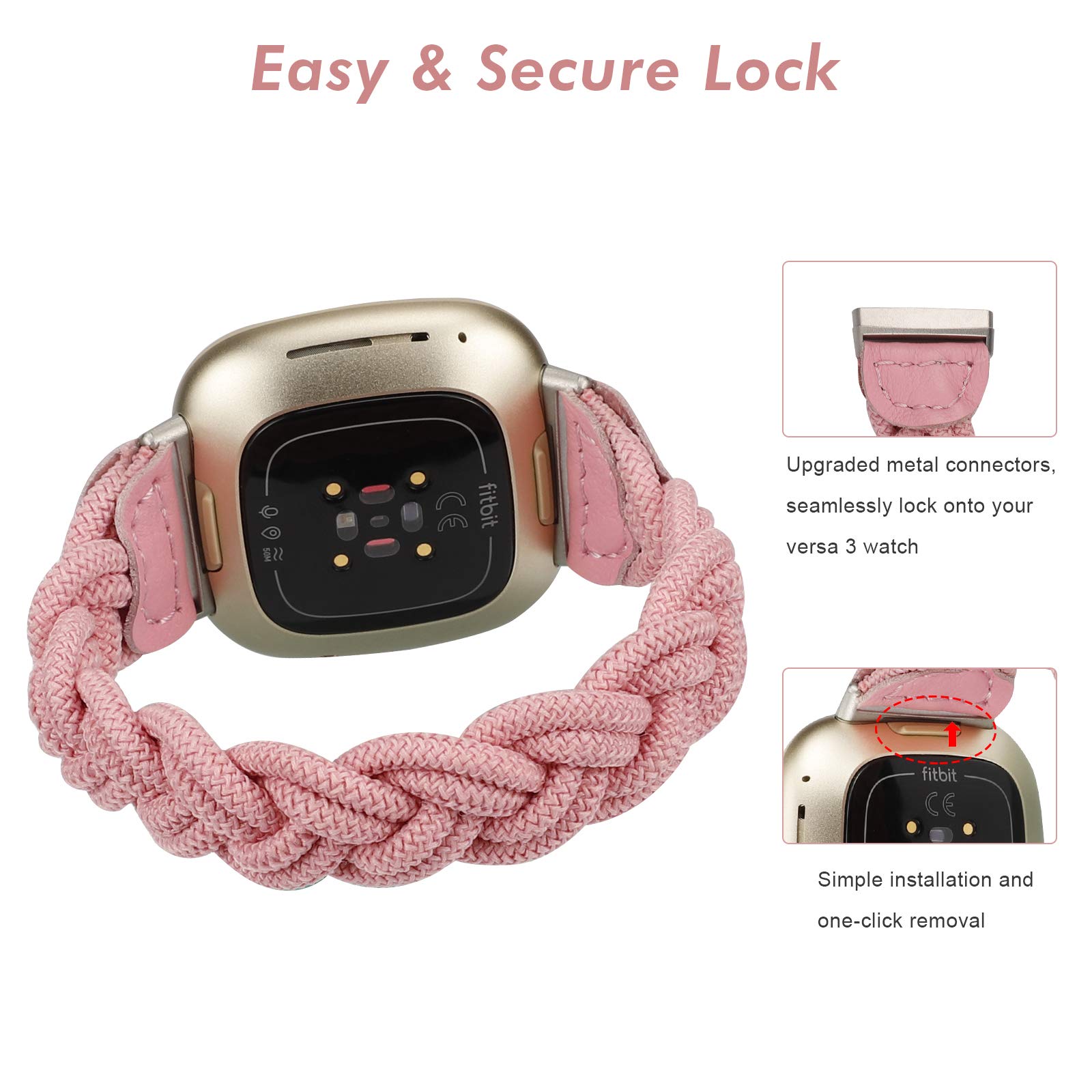 Wearlizer Wearlizer Elastic Band for Fitbit Sense 2 Versa 4 3 Women Slim Braided Strap Stretchy Woven Wristband Pink M - View 4 of 6