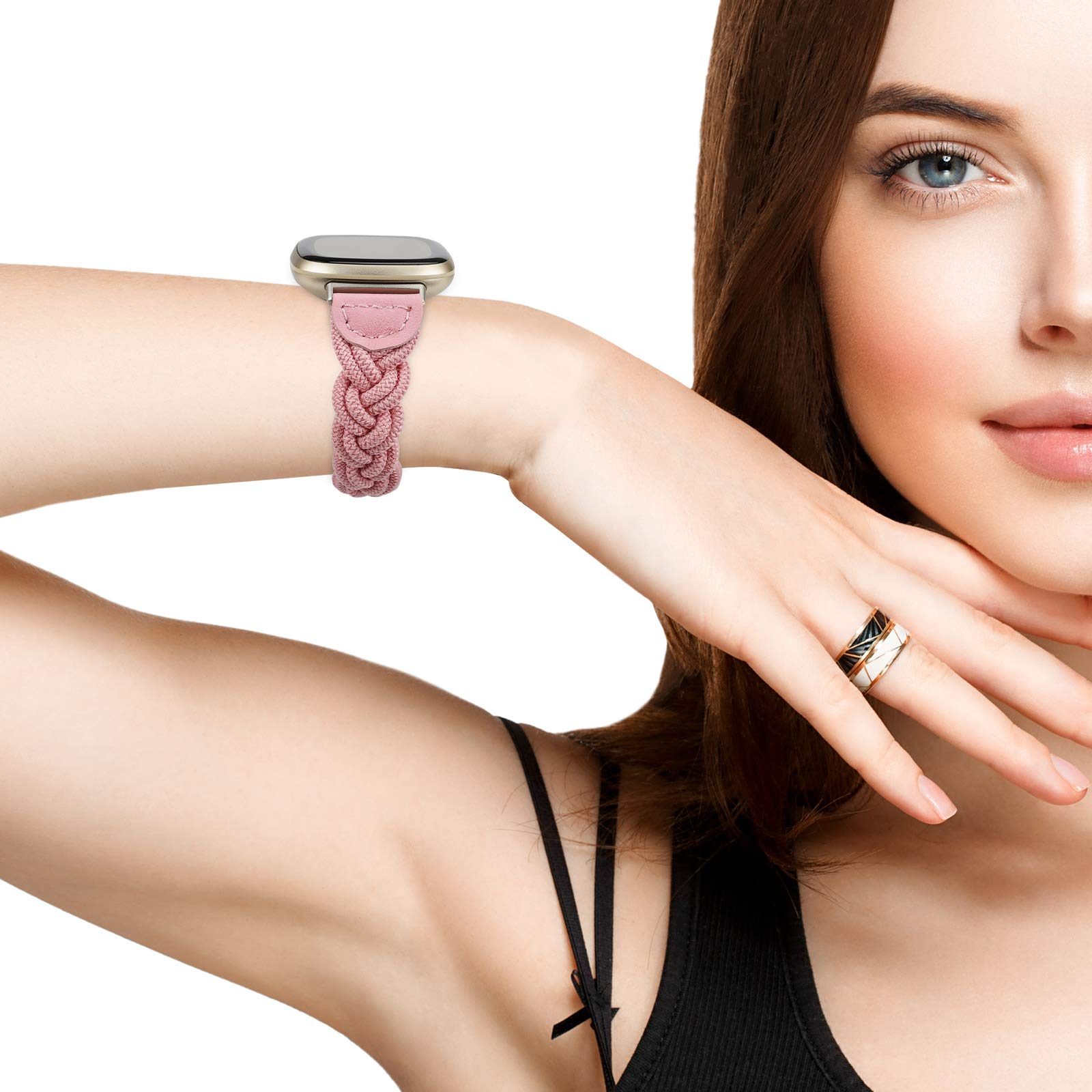 Wearlizer Wearlizer Elastic Band for Fitbit Sense 2 Versa 4 3 Women Slim Braided Strap Stretchy Woven Wristband Pink M - View 5 of 6