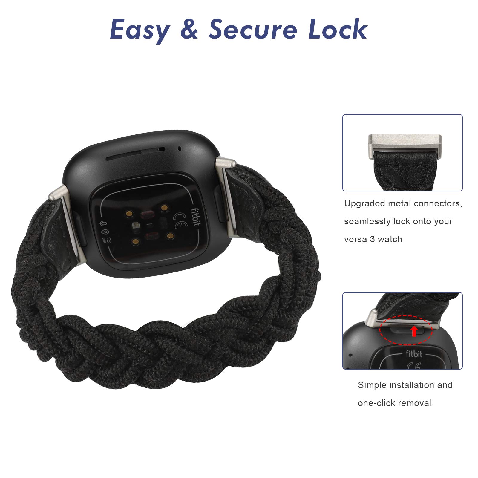 Wearlizer Wearlizer Elastic Band for Fitbit Sense Versa 3 Sense 2 Versa 4 Women Slim Braided Stretchy Woven Wristband Accessory Black XS - View 4 of 6