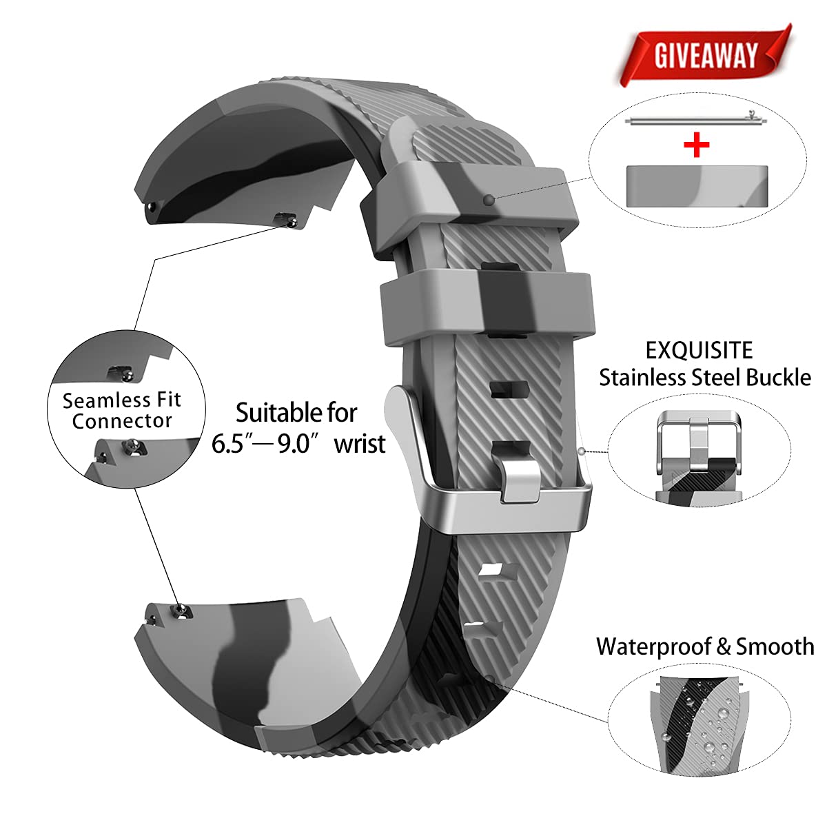 TOOLAIK TOOLAIK Silicone Band for Samsung Galaxy Watch 3 46mm Gear S3 Frontier Classic 22mm Casual Straps Accessories for Men Women Black Grey Camouflage - View 2 of 7