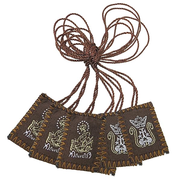 Brown Wool Embroidered Scapular Necklace for Men and Women with Sacred Heart of Jesus and Immaculate Heart of Mary 3 Pack