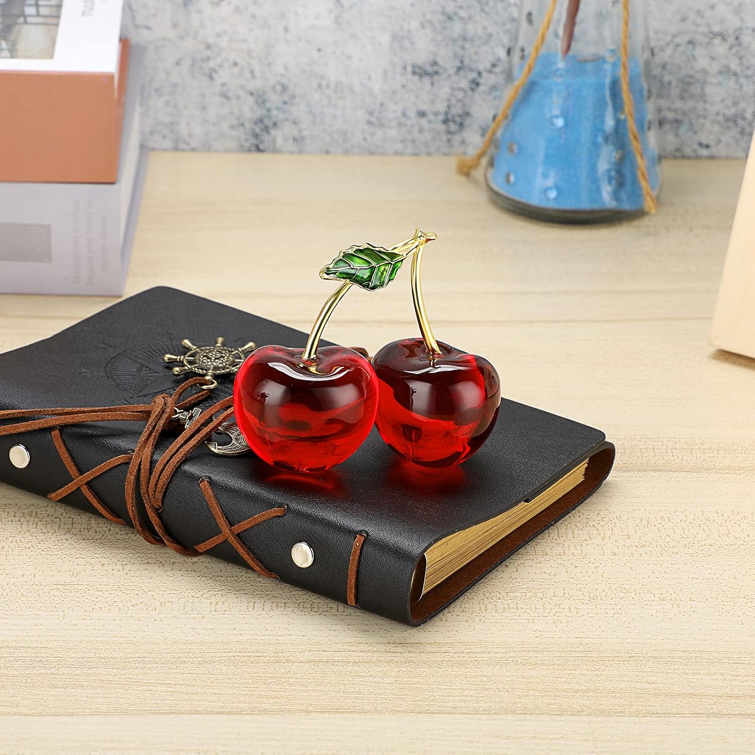 BTSKY BTSKY Crystal Cherry Figurine Glass Fruit Status Paperweight Tabletop Centerpiece Collectible Art Table Home Decor Ornament Christmas Wedding - View 2 of 7