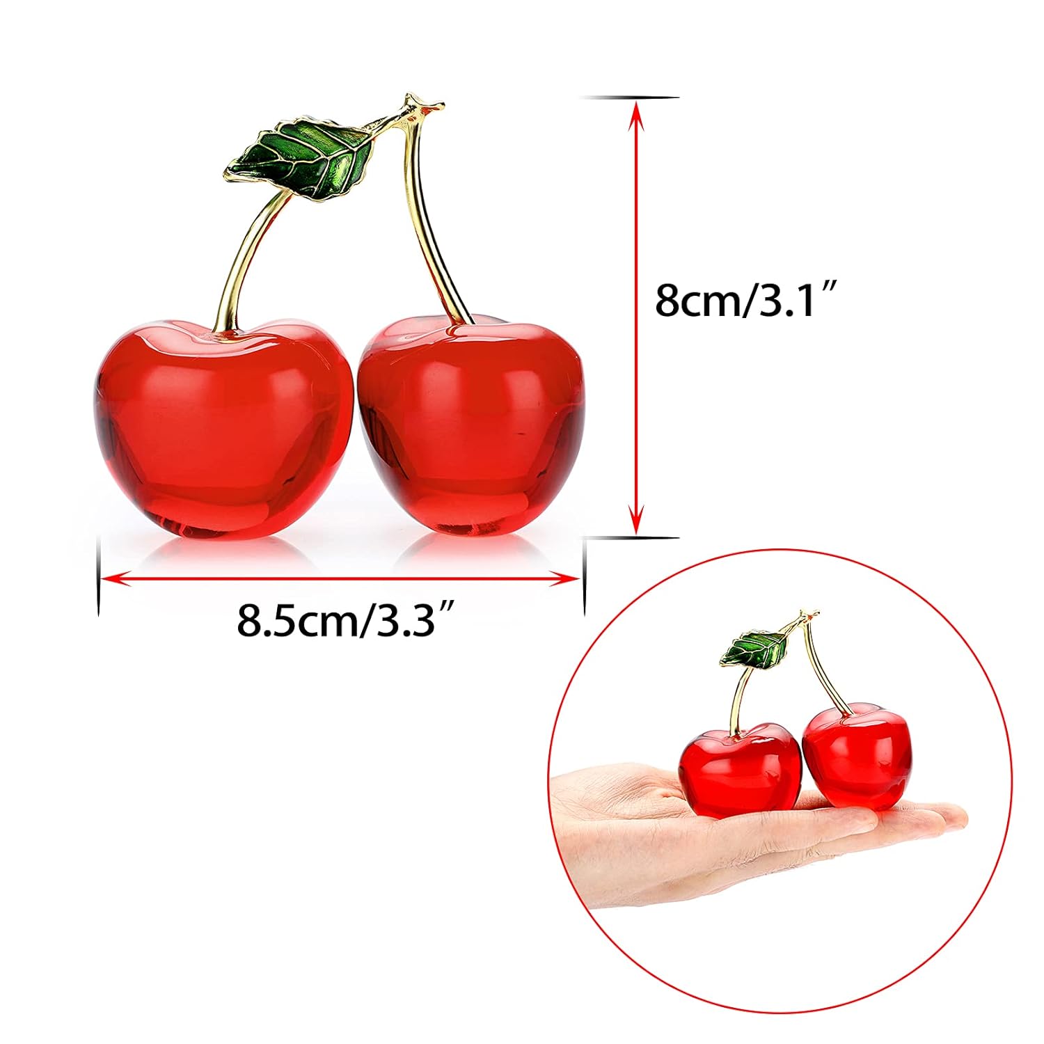 BTSKY BTSKY Crystal Cherry Figurine Glass Fruit Status Paperweight Tabletop Centerpiece Collectible Art Table Home Decor Ornament Christmas Wedding - View 3 of 7