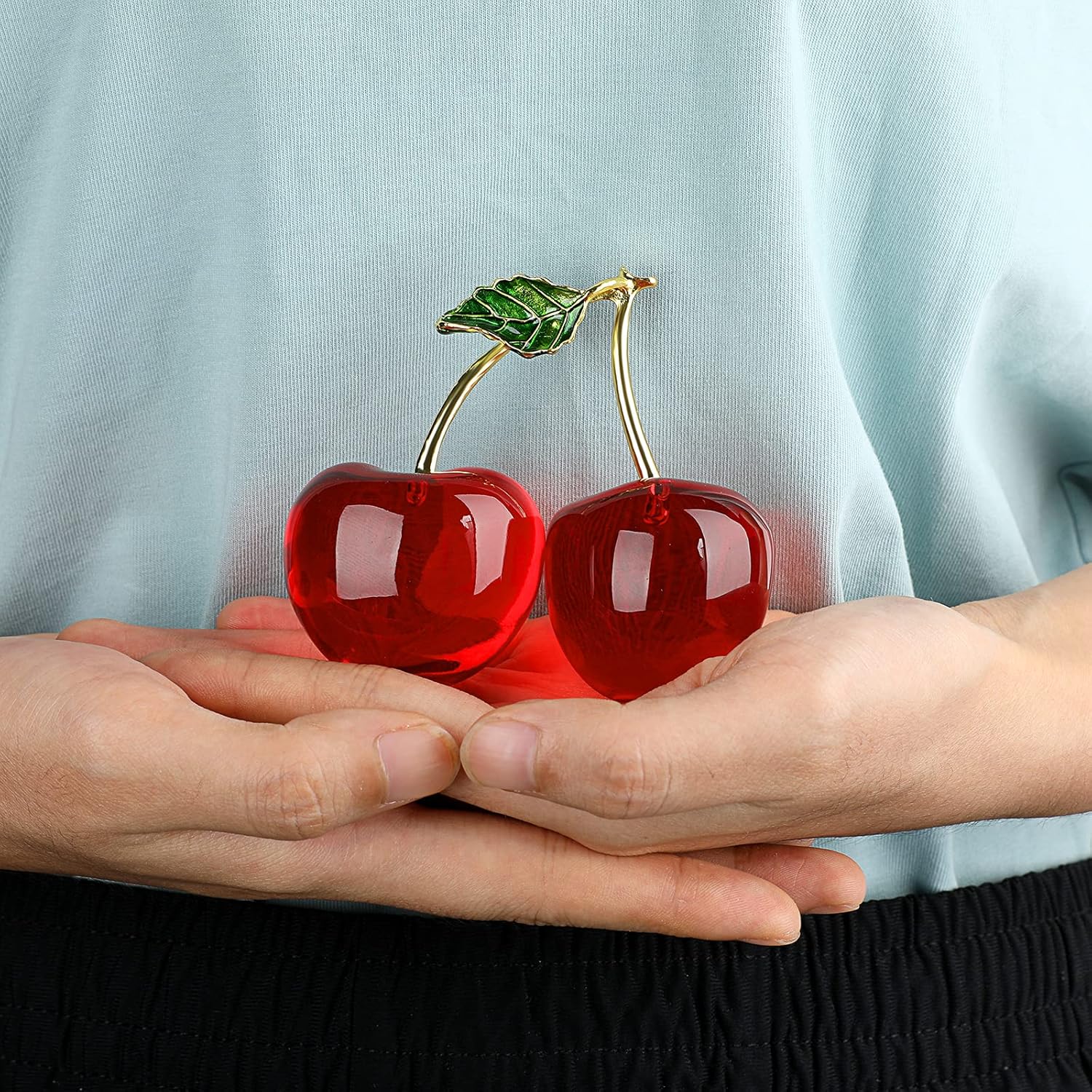 BTSKY BTSKY Crystal Cherry Figurine Glass Fruit Status Paperweight Tabletop Centerpiece Collectible Art Table Home Decor Ornament Christmas Wedding - View 7 of 7