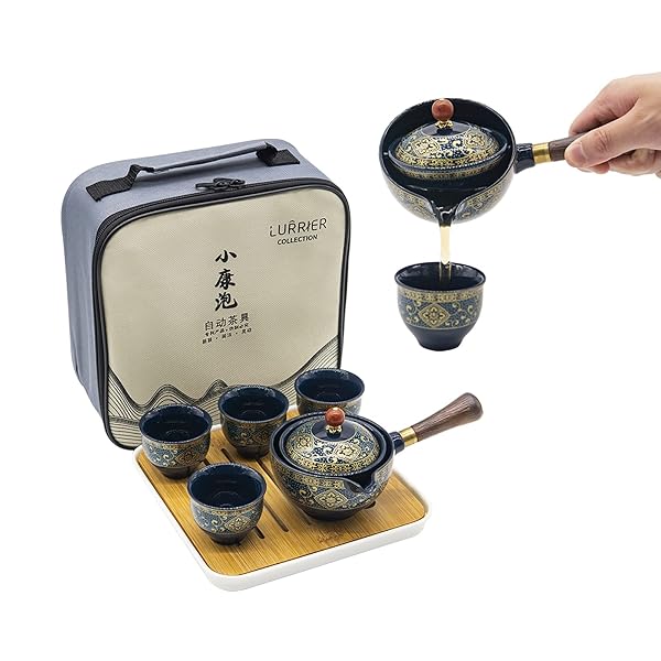 LURRIER LURRIER Porcelain Chinese Gongfu Tea Set,Portable Teapot Set with 360 Rotation Tea maker and Infuser,Portable All in One Gift Bag for Travel,Home,Gifting,Outdoor and Office (Floral Blue)