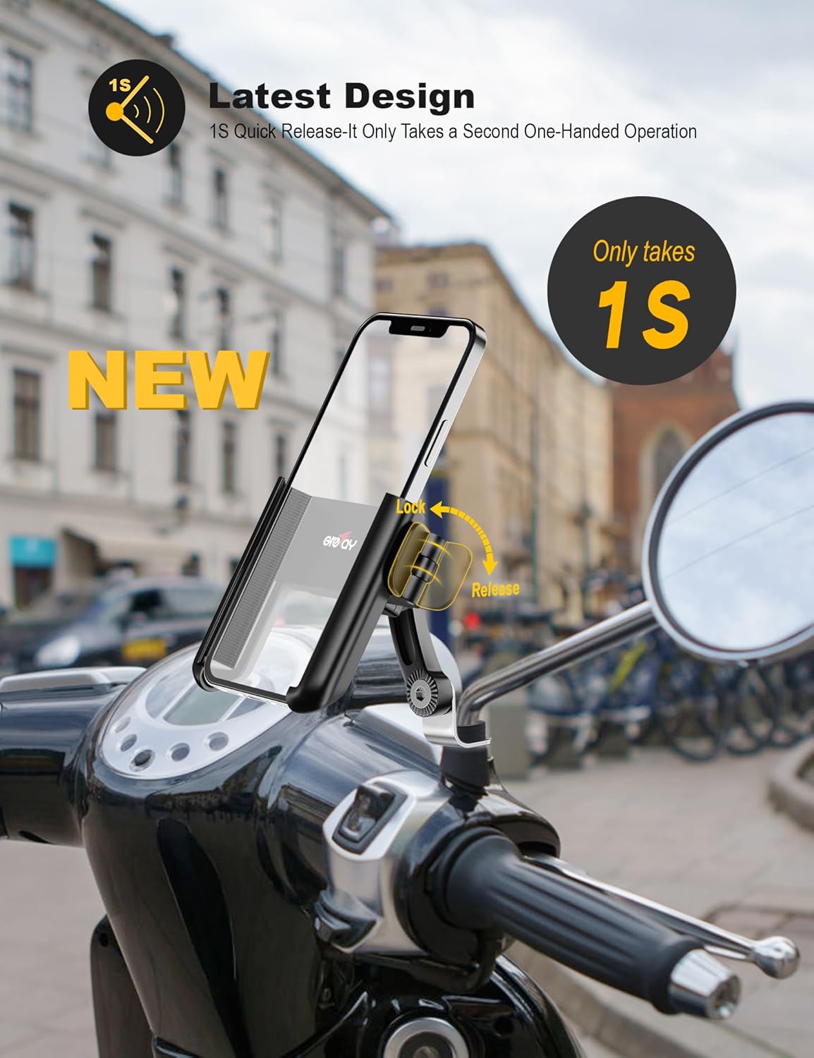 Grefay Grefay Motorcycle Phone Mount, 1S Quick Release Anti Shake Motorbike Phone Holder for 3.5-7.0 Inch Smartphone for Motorcycle Mirror Phone Mount with - View 2 of 7