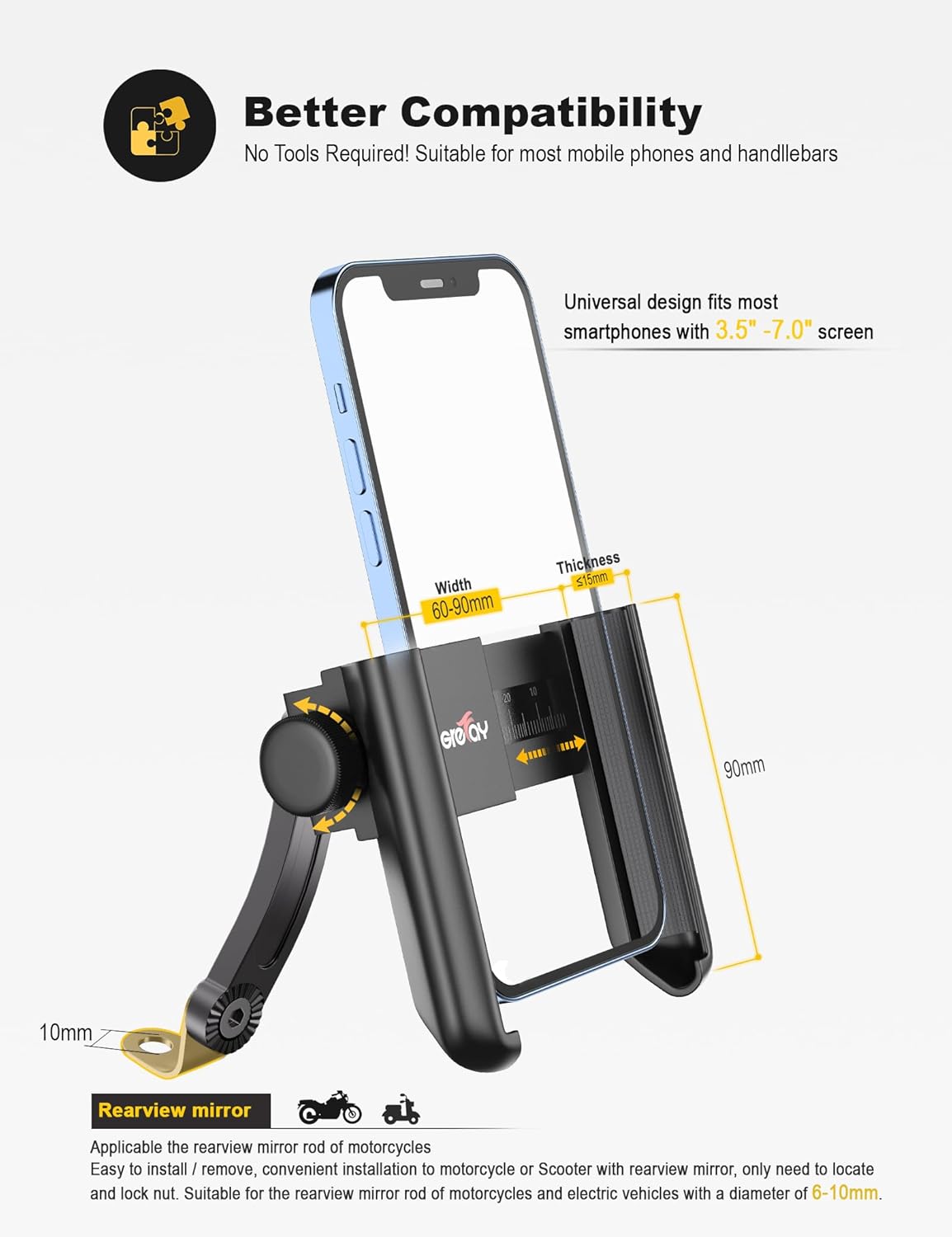 Grefay Grefay Motorcycle Phone Mount, 1S Quick Release Anti Shake Motorbike Phone Holder for 3.5-7.0 Inch Smartphone for Motorcycle Mirror Phone Mount with - View 4 of 7