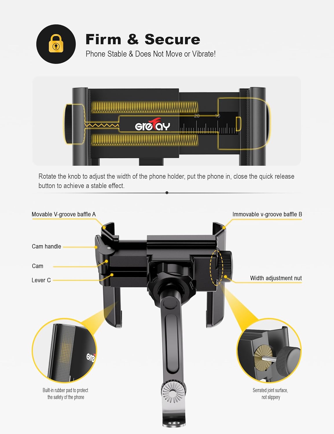 Grefay Grefay Motorcycle Phone Mount, 1S Quick Release Anti Shake Motorbike Phone Holder for 3.5-7.0 Inch Smartphone for Motorcycle Mirror Phone Mount with - View 5 of 7