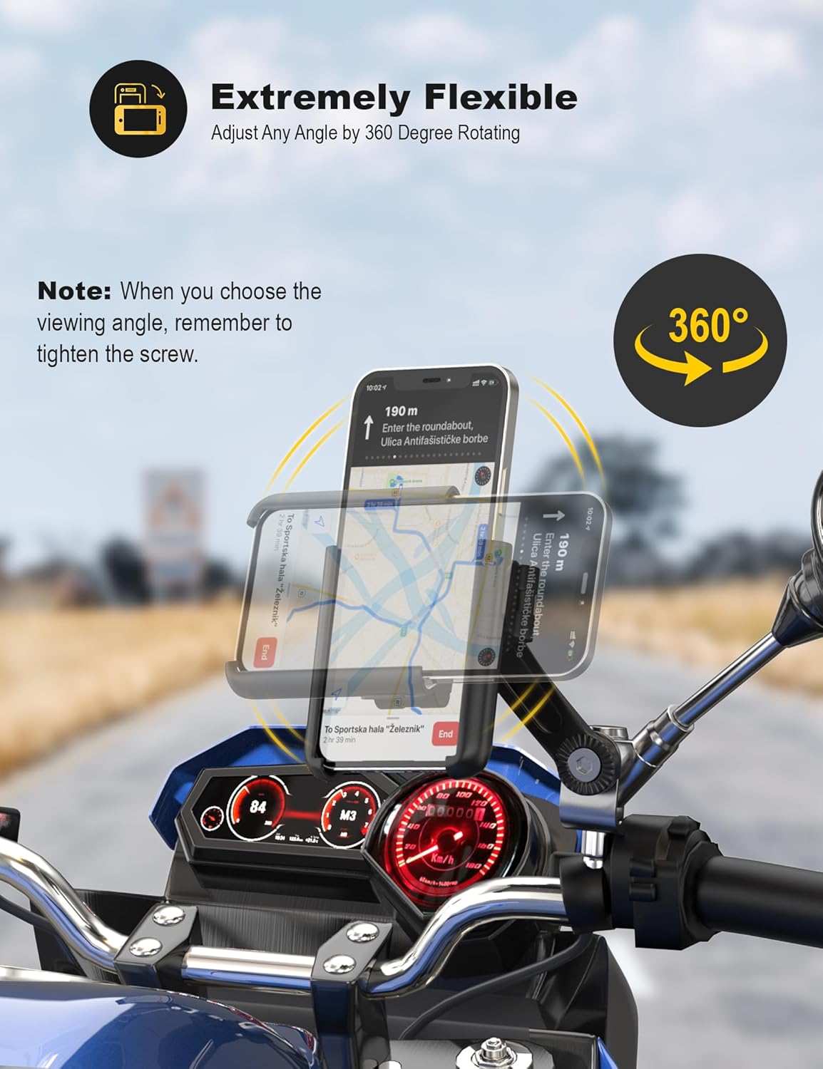 Grefay Grefay Motorcycle Phone Mount, 1S Quick Release Anti Shake Motorbike Phone Holder for 3.5-7.0 Inch Smartphone for Motorcycle Mirror Phone Mount with - View 6 of 7