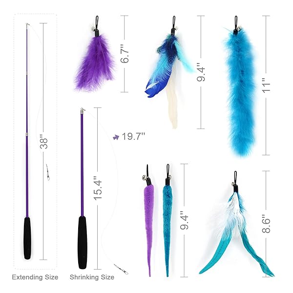 SONGWAY SONGWAY Interactive Cat Feather Toy Set with Retractable Teaser Wand and 6 Feather Refills for Indoor Cats and Kittens Play and Exercise Blue - View 8 of 8