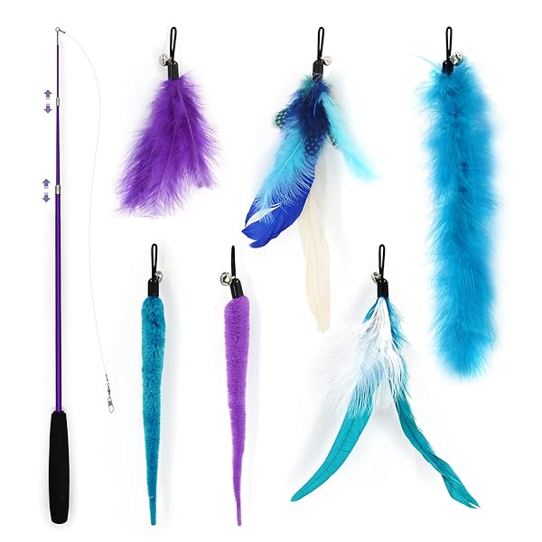 SONGWAY SONGWAY Interactive Cat Feather Toy Set with Retractable Teaser Wand and 6 Feather Refills for Indoor Cats and Kittens Play and Exercise Blue